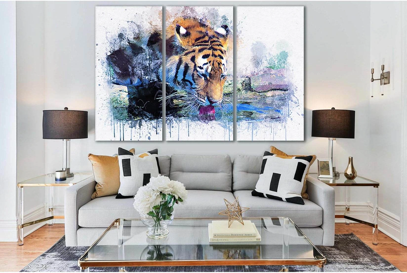 Tiger Drinks Water Oil Painting №SL576 Ready to Hang Canvas Print - Zellart Canvas Prints 0new, ALL_Products, Oil Painting Wall Art, Tiger