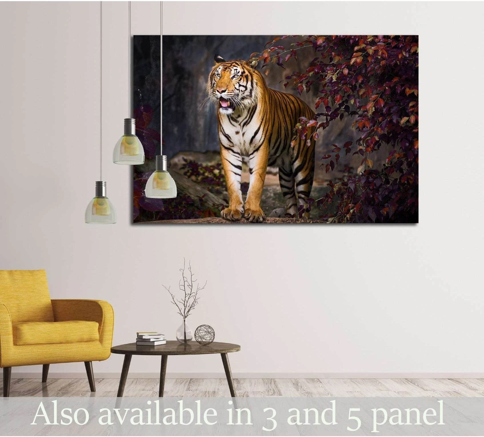 Tiger canvas print with dark purple foliage displayed above a table in a modern living room