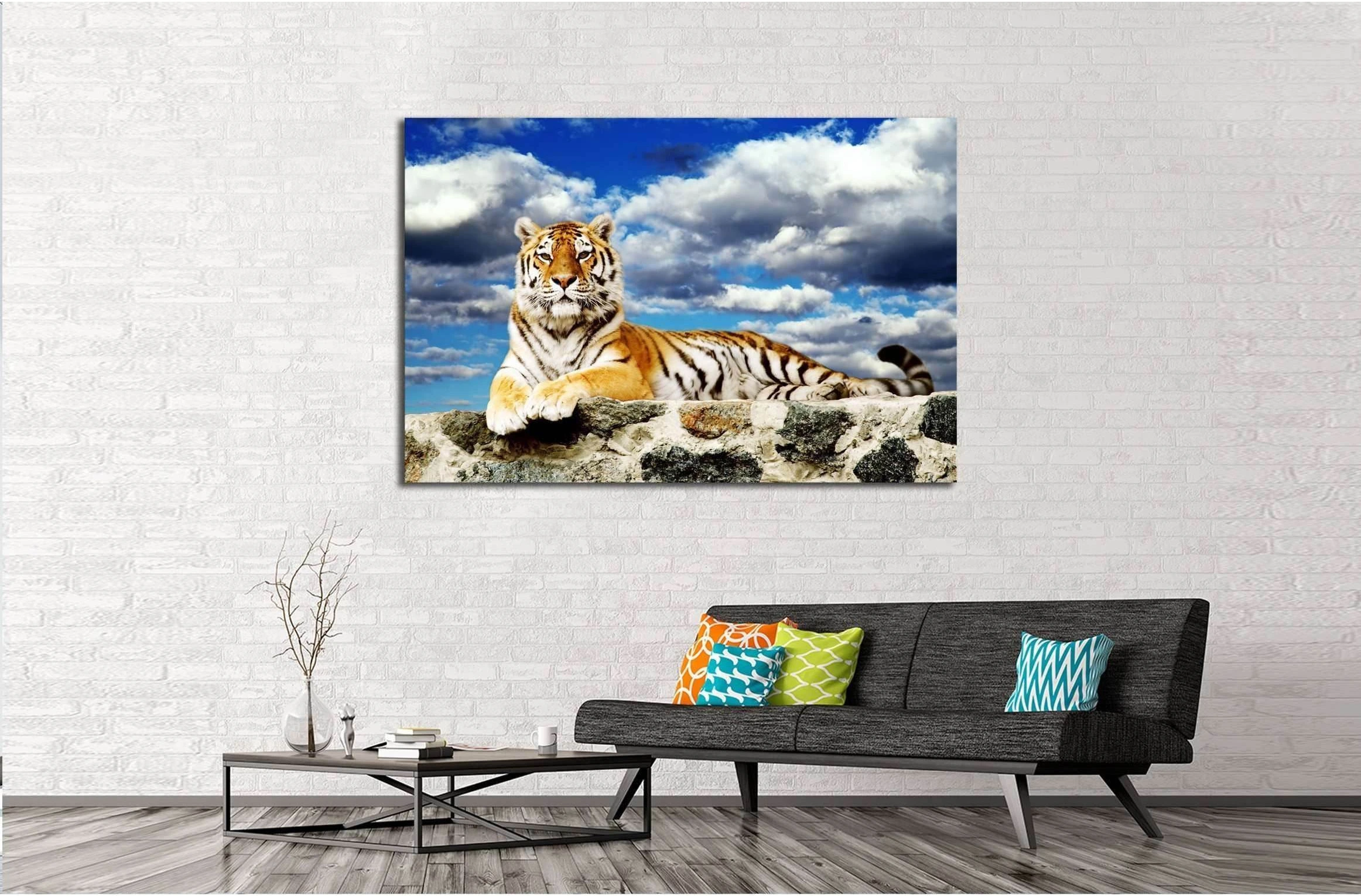 Tiger lay in the storm sky №2331 Ready to Hang Canvas Print - Zellart Canvas Prints ALL_Products, s-2331, Tiger