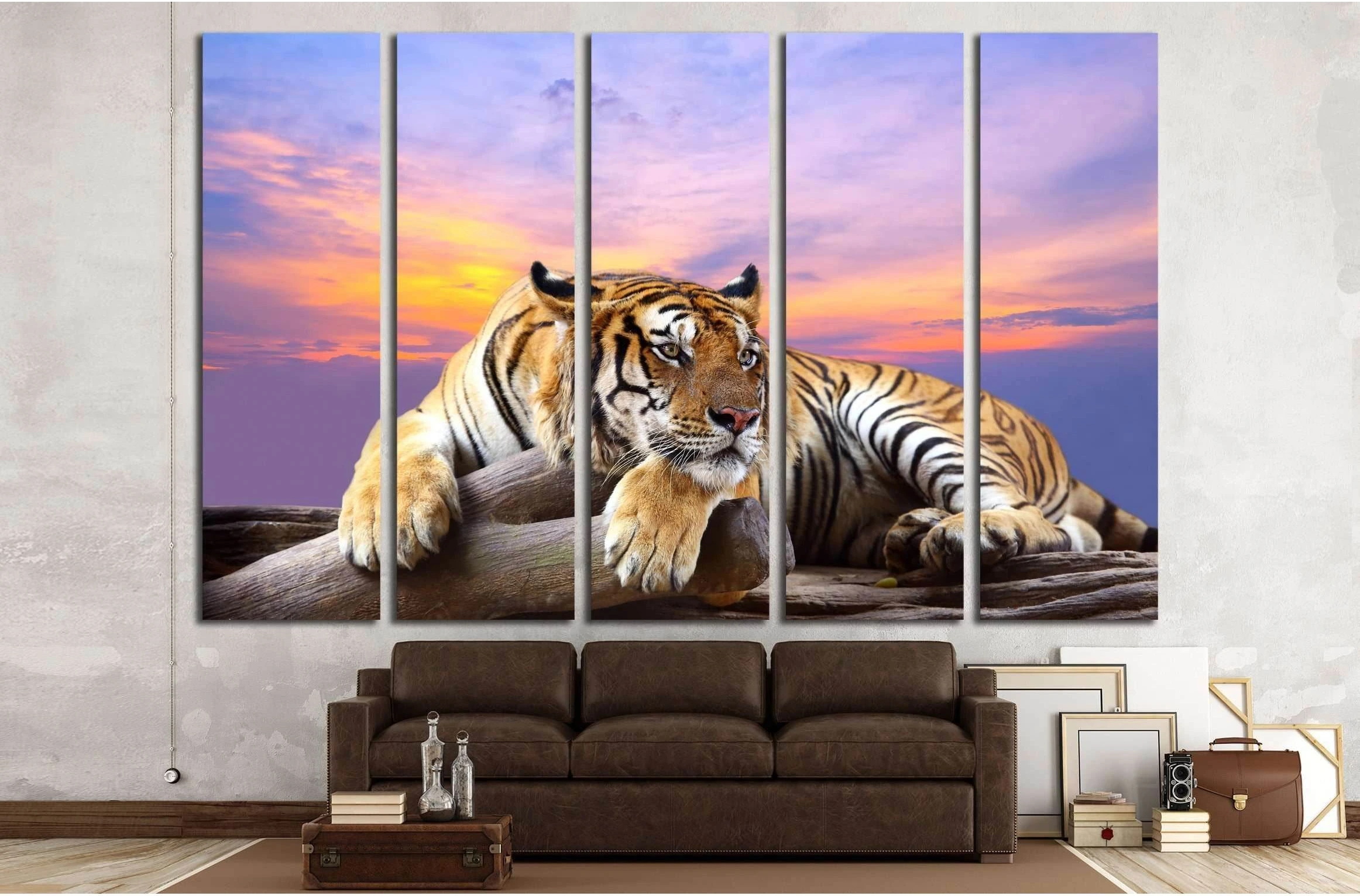 Tiger looking something on the rock with beautiful sky at sunset time №2793 Ready to Hang Canvas Print - Zellart Canvas Prints ALL_Products, s-2793, Tiger