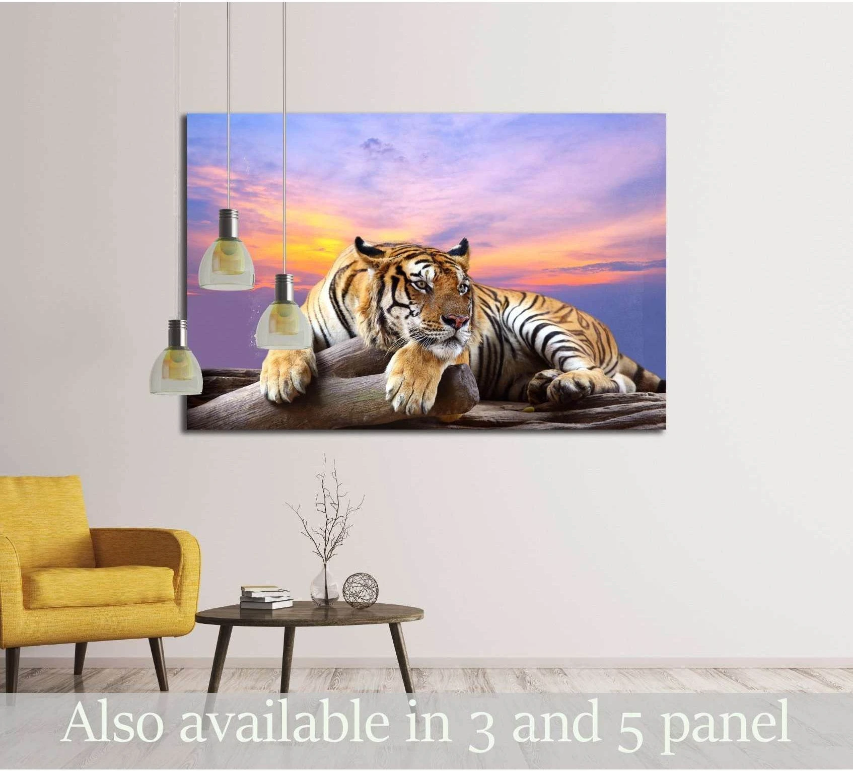 Tiger looking something on the rock with beautiful sky at sunset time showing blue ocean wall art with water and coastal depth.