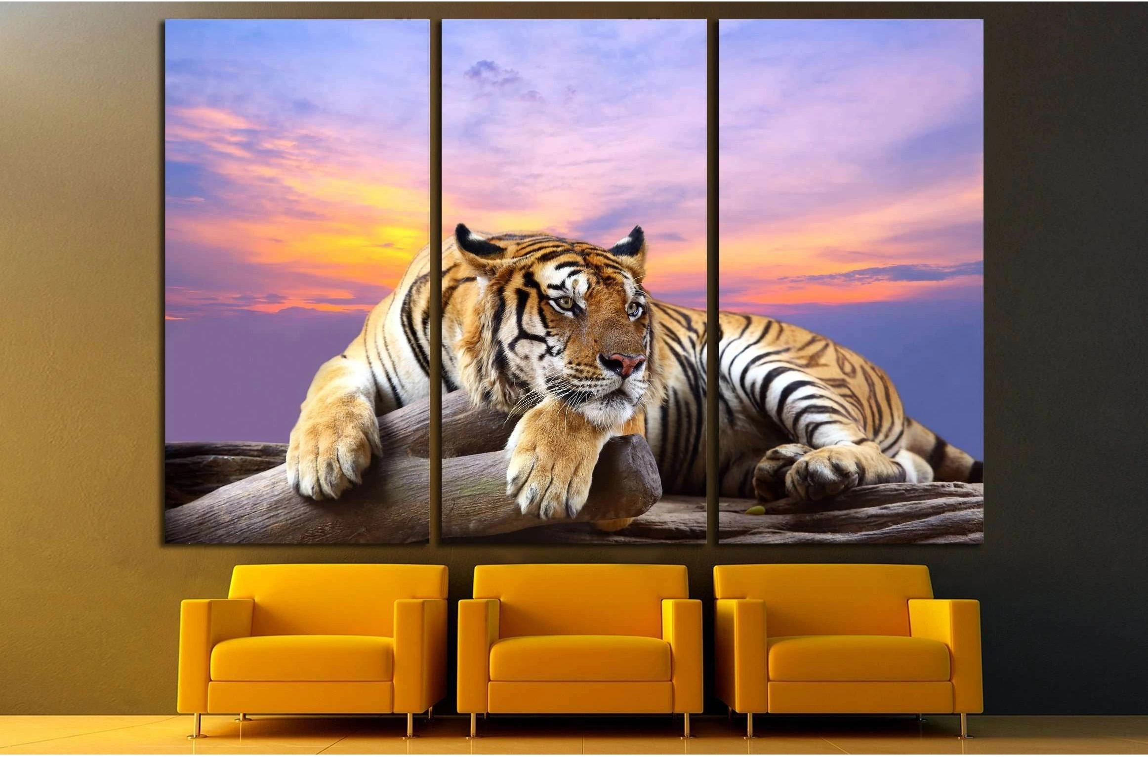 Tiger looking something on the rock with beautiful sky at sunset time №2793 Ready to Hang Canvas Print - Zellart Canvas Prints ALL_Products, s-2793, Tiger