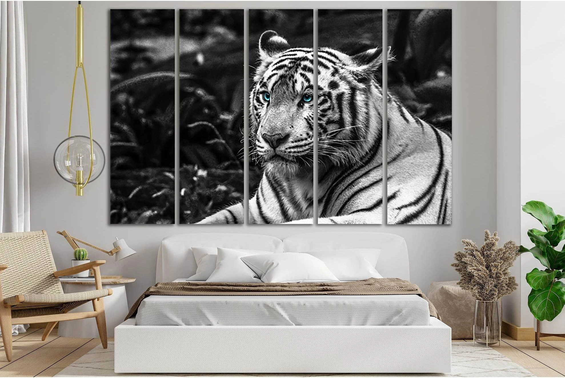 Tiger With Blue Eyes Black And White №SL845 Ready to Hang Canvas Print - Zellart Canvas Prints 0new, ALL_Products, Black & White Wall Art, Tiger