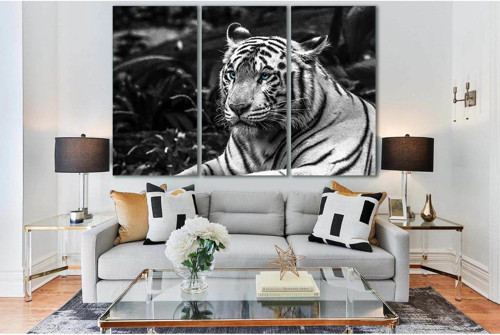 Tiger With Blue Eyes Black And White №SL845 Ready to Hang Canvas Print - Zellart Canvas Prints 0new, ALL_Products, Black & White Wall Art, Tiger