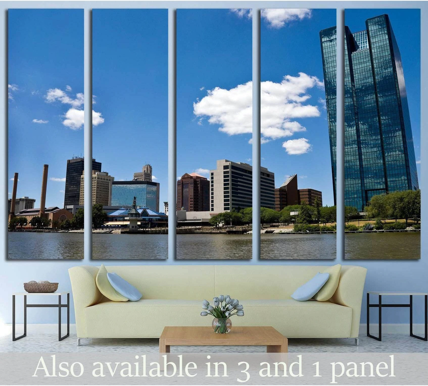 Toledo skyline canvas print above a sofa with Maumee River waterfront and blue sky