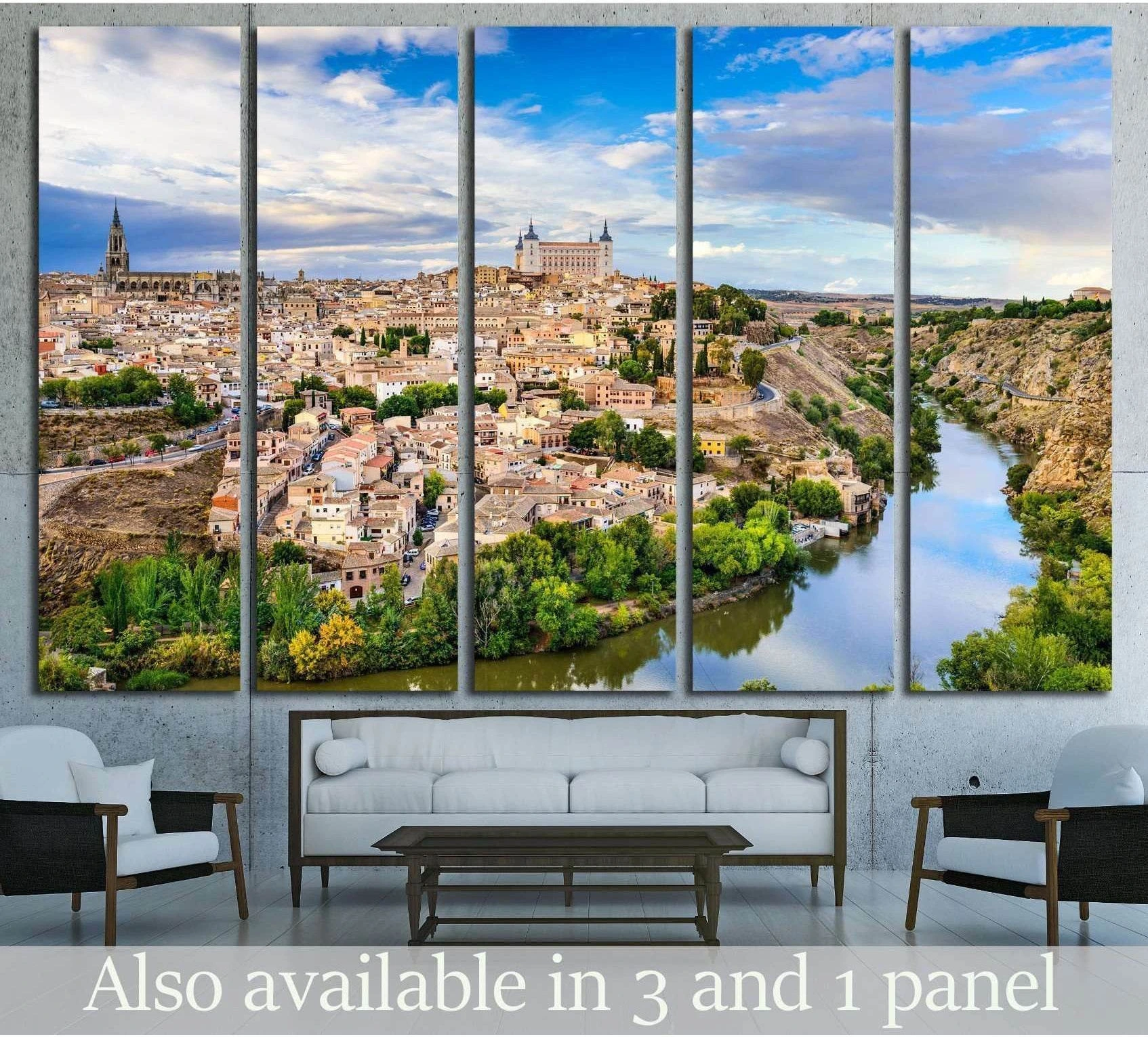 Toledo Spain old town canvas print above sofa with Alcazar, cathedral, and Tagus River panorama