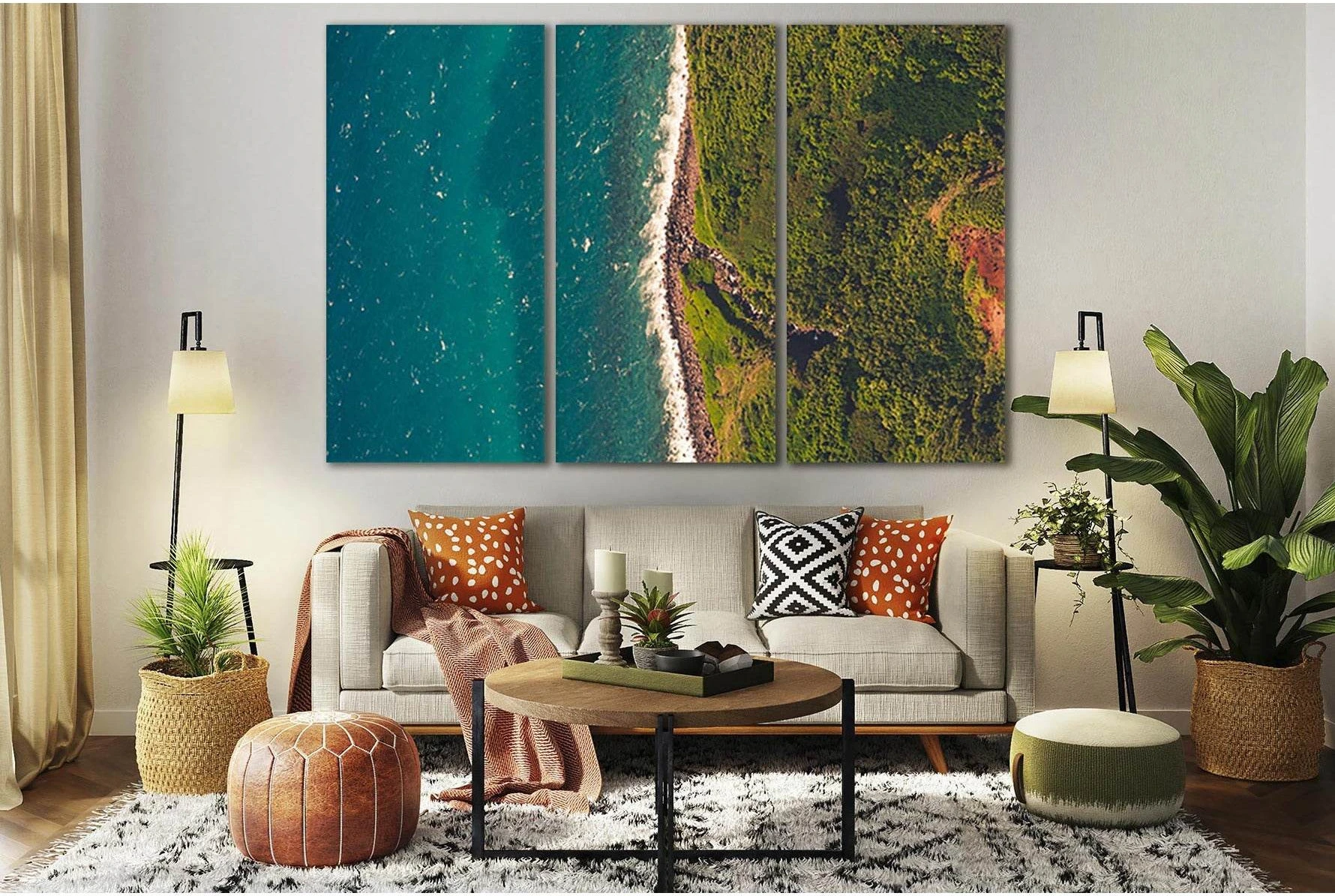 Teal Coastline Aerial Beach Canvas Print with Green Vegetation showing sea water, shoreline and horizon depth.