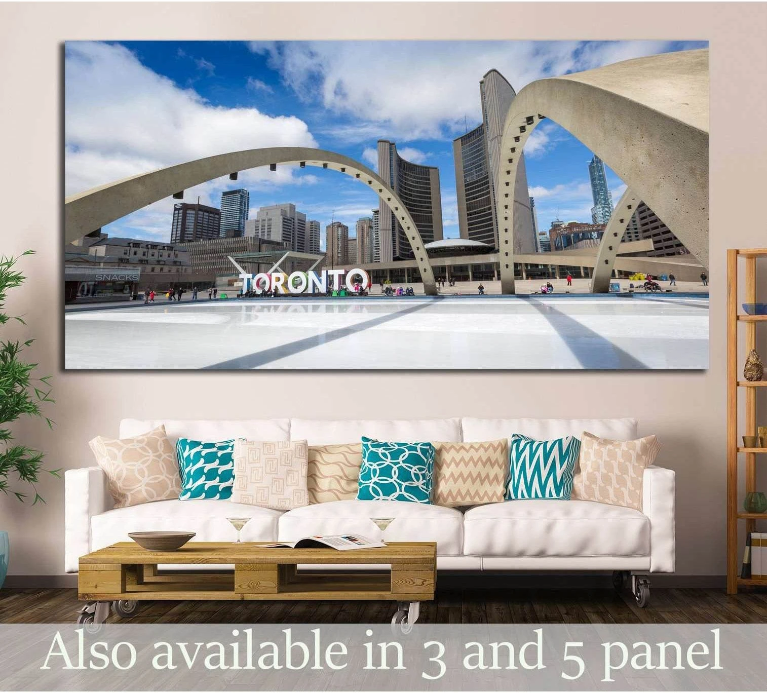 Toronto City Hall and Nathan Phillips Square canvas print above sofa in modern living room