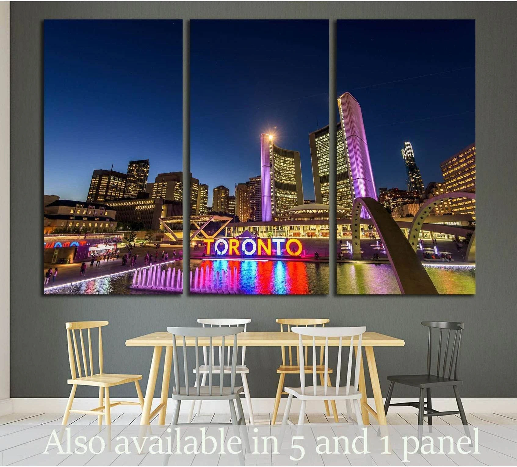 Toronto City Hall and Nathan Phillips Square night canvas print above dining table with glowing Toronto sign