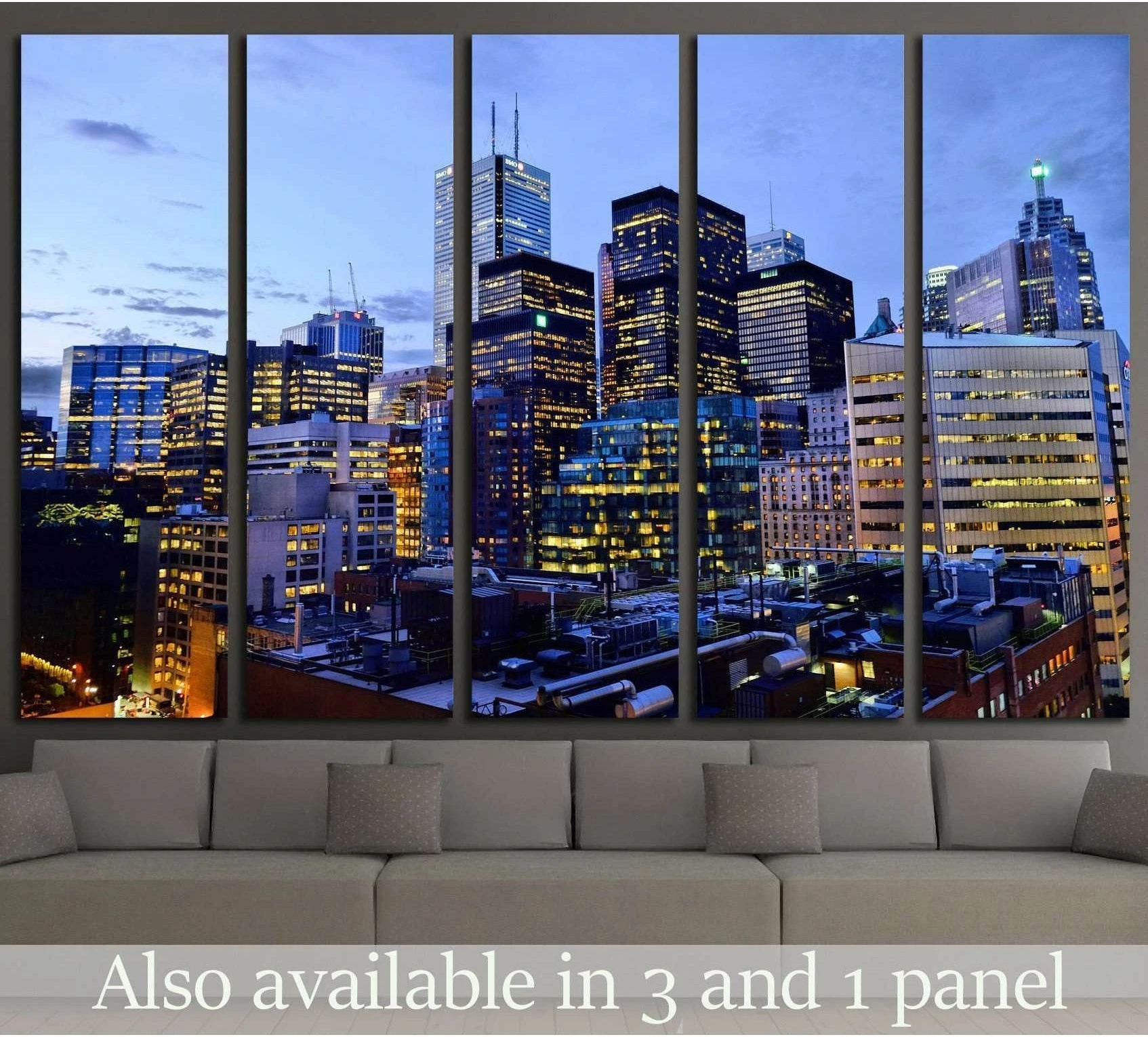 Toronto downtown skyline canvas print in a five-panel layout above sofa at blue hour