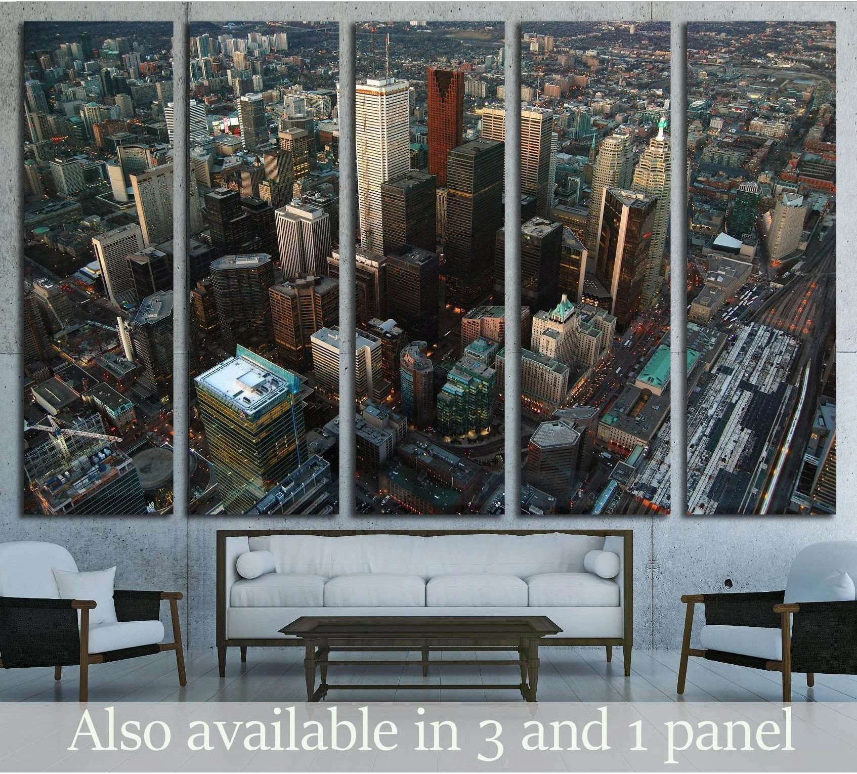 Aerial Toronto skyline canvas print with downtown skyscrapers in a five-panel living room display