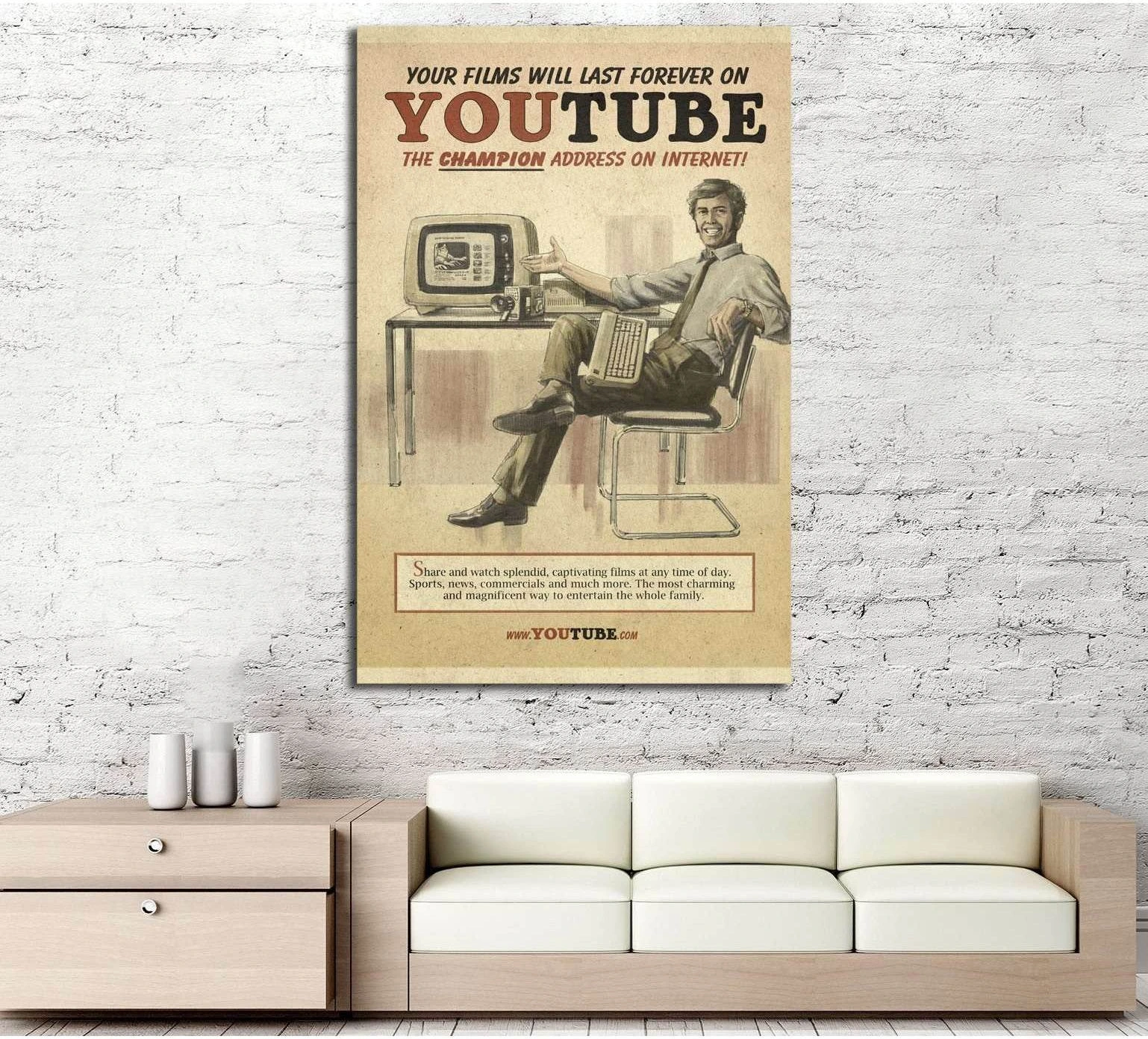 Retro YouTube poster canvas print with man at computer in sepia ad style above a modern sofa
