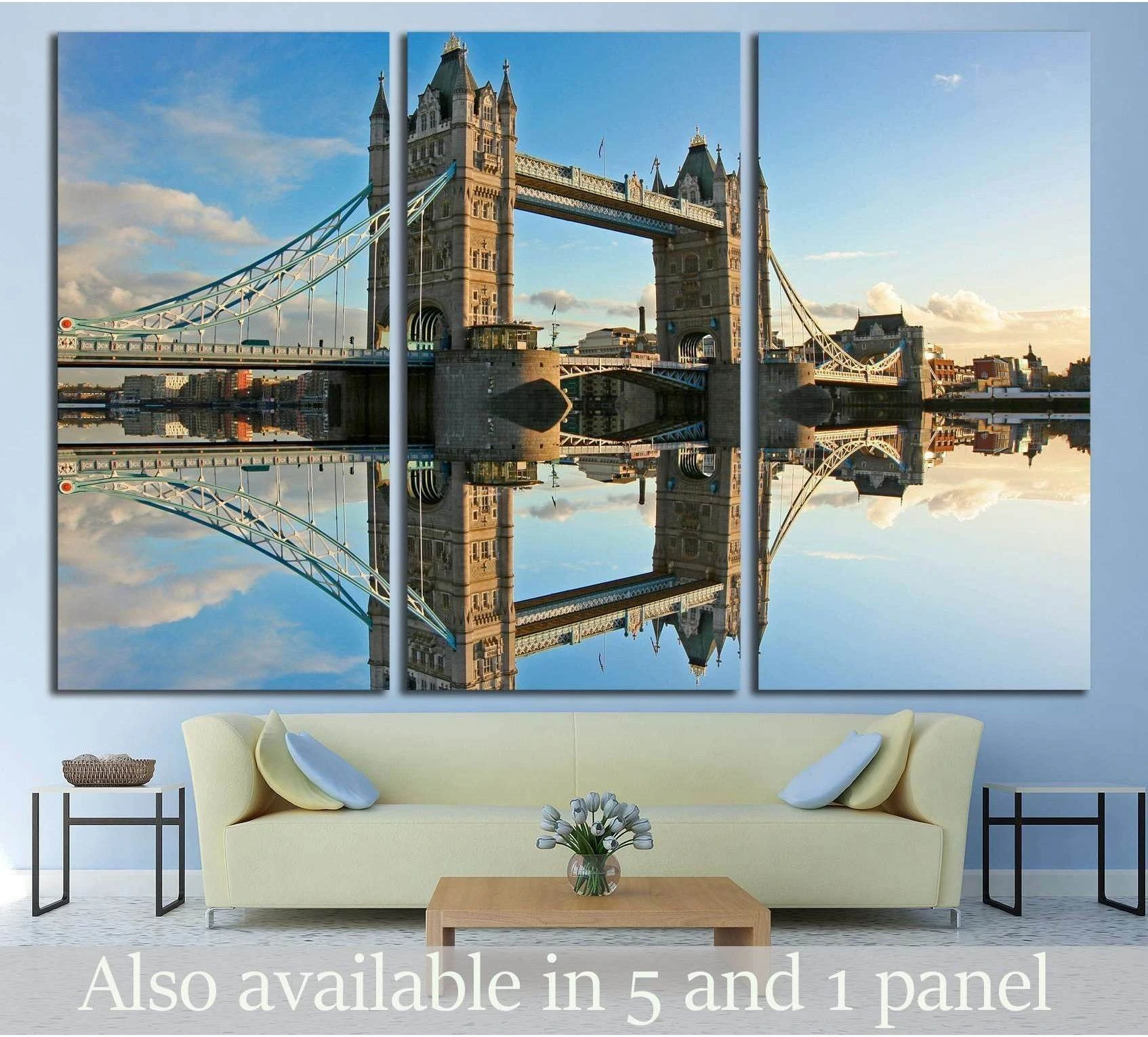 Tower Bridge sunset canvas print with Thames reflection displayed above sofa in a modern living room