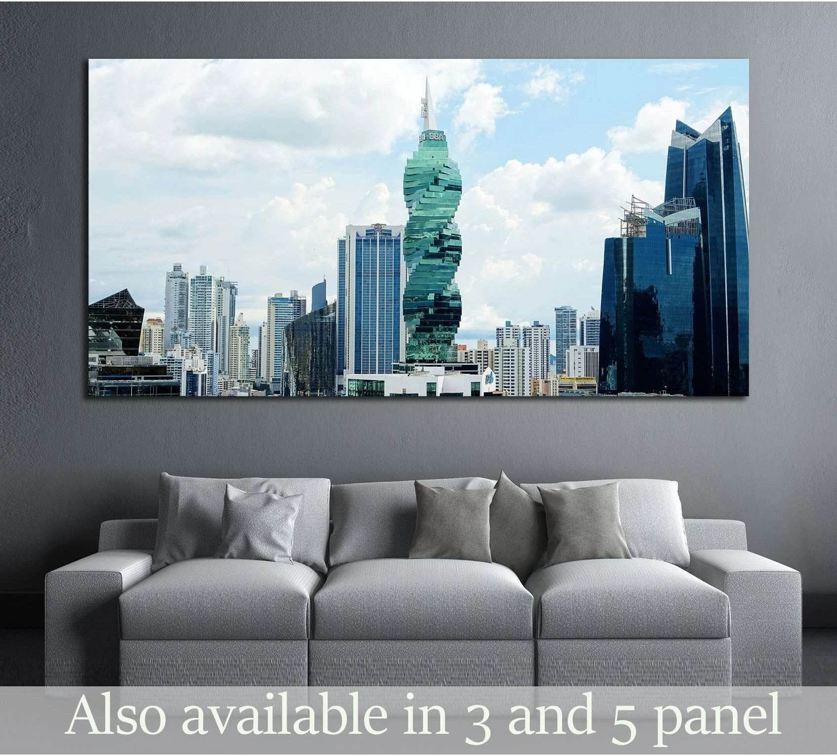 Panama City skyline canvas print with the twisting F&F Tower above a sofa in a modern room