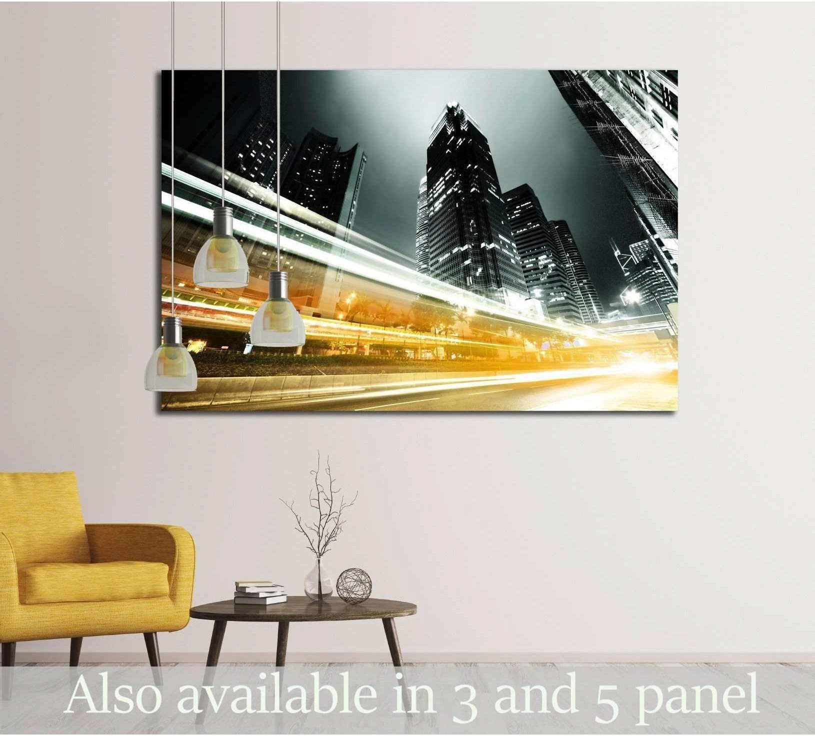 Hong Kong night traffic canvas print with golden light trails and skyscrapers in a modern living room
