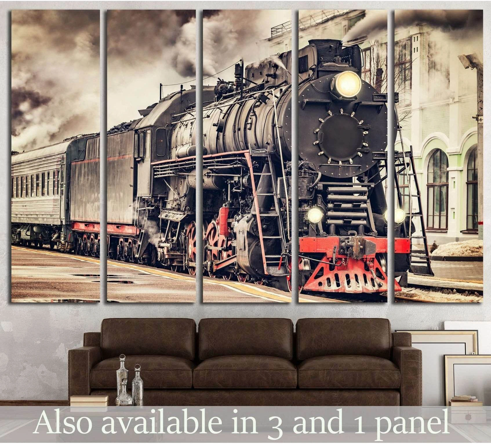 Sepia steam locomotive canvas print in a multi-panel living room wall art mockup above a brown sofa