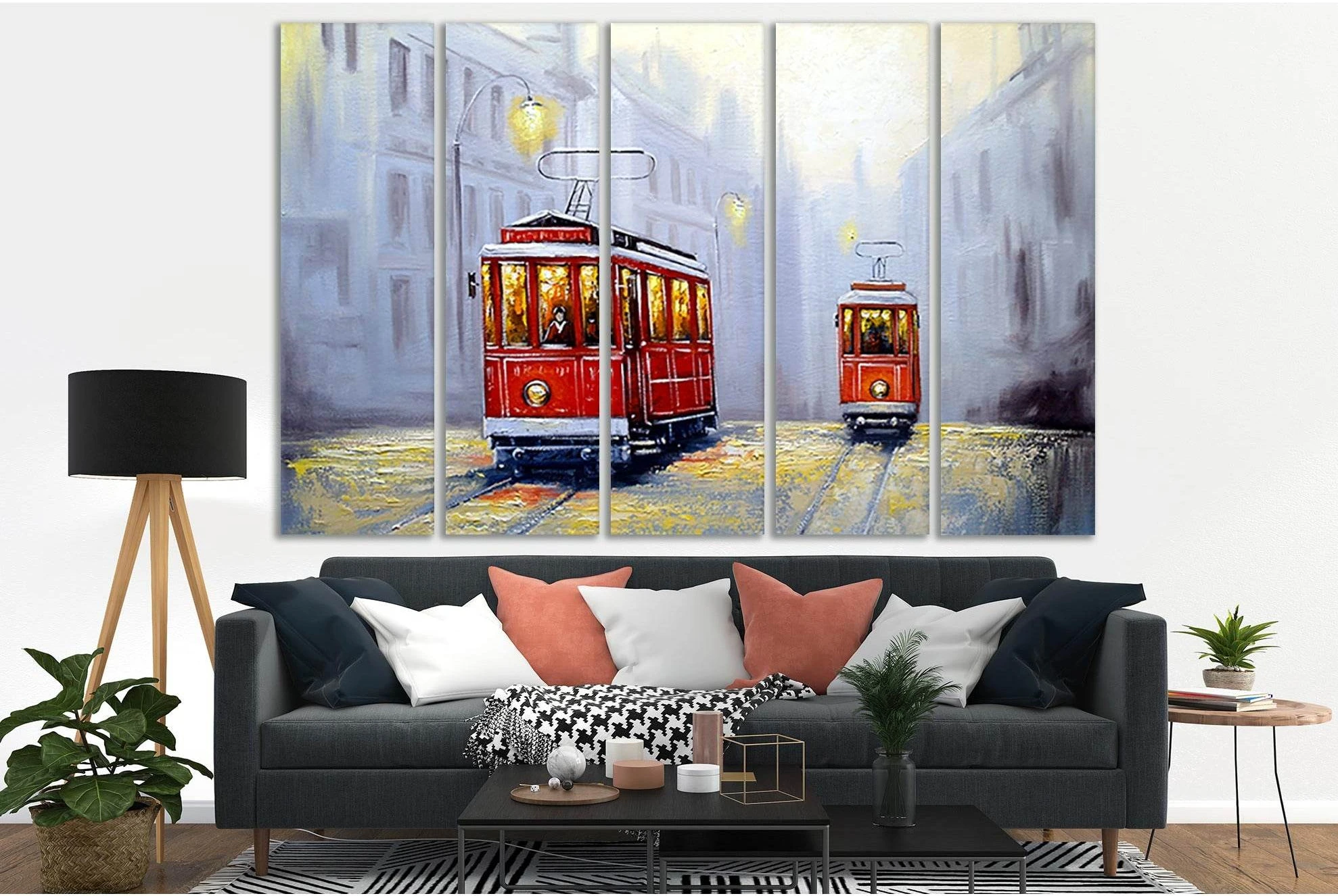 Tram In Old Town Oil Painting №SL584 Ready to Hang Canvas Print - Zellart Canvas Prints 0new, ALL_Products, Oil Painting Wall Art