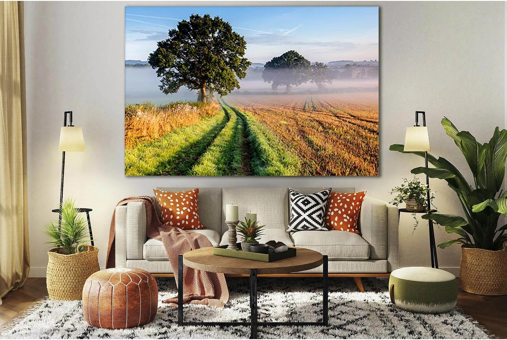 Misty Countryside Trees Wall Art with Foggy Path Canvas Print chosen as forest mist alternatives for soft mist and bedroom-friendly contrast.