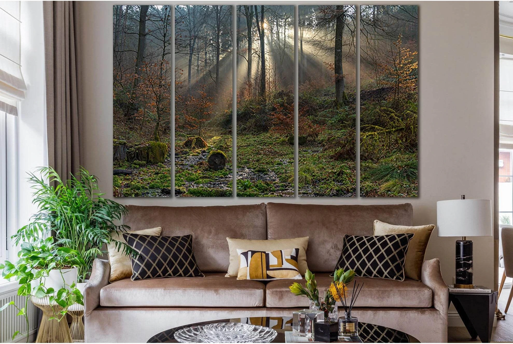 Misty Forest Trees Wall Art with Mossy Rays of Light Canvas Print chosen as forest mist alternatives for soft mist and bedroom-friendly contrast.