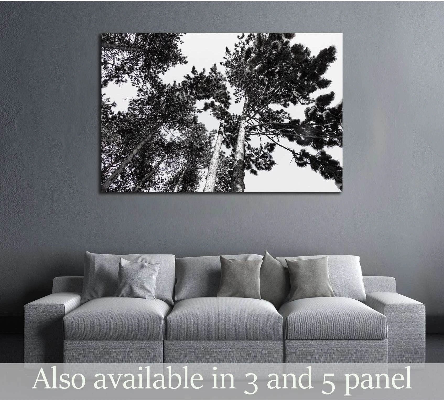 Black and white pine treetops canvas print viewed from below above a gray sofa in a modern living room
