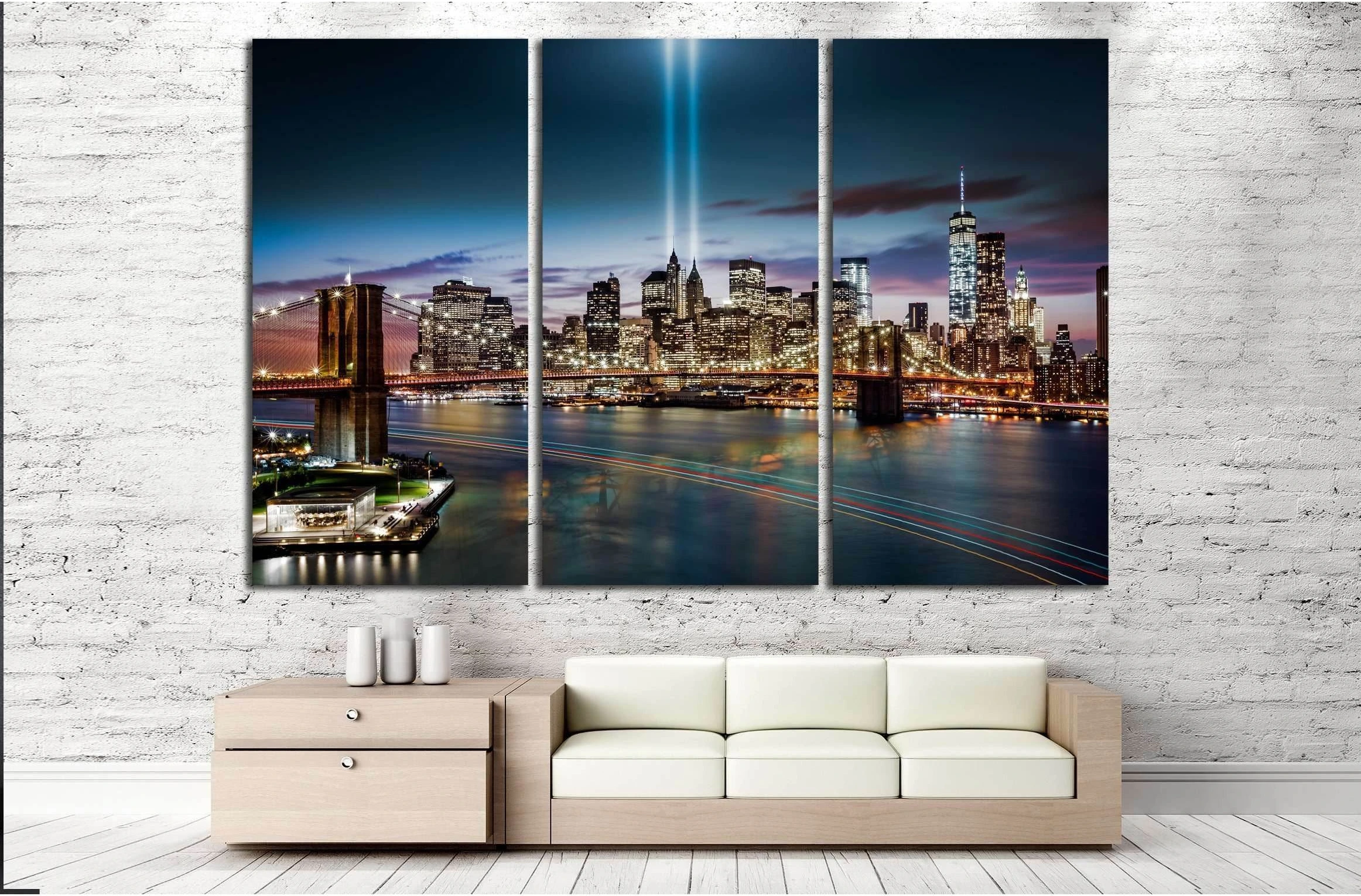 Tribute in Light memorial, Brooklyn Bridge and the Lower Manhattan skyline at dusk №2655 Ready to Hang Canvas Print - Zellart Canvas Prints 0_NY_ART, ALL_Products, s-2655