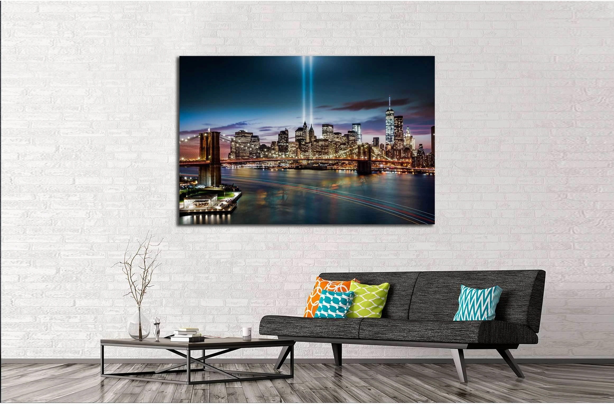 Tribute in Light memorial, Brooklyn Bridge and the Lower Manhattan skyline at dusk №2655 Ready to Hang Canvas Print - Zellart Canvas Prints 0_NY_ART, ALL_Products, s-2655