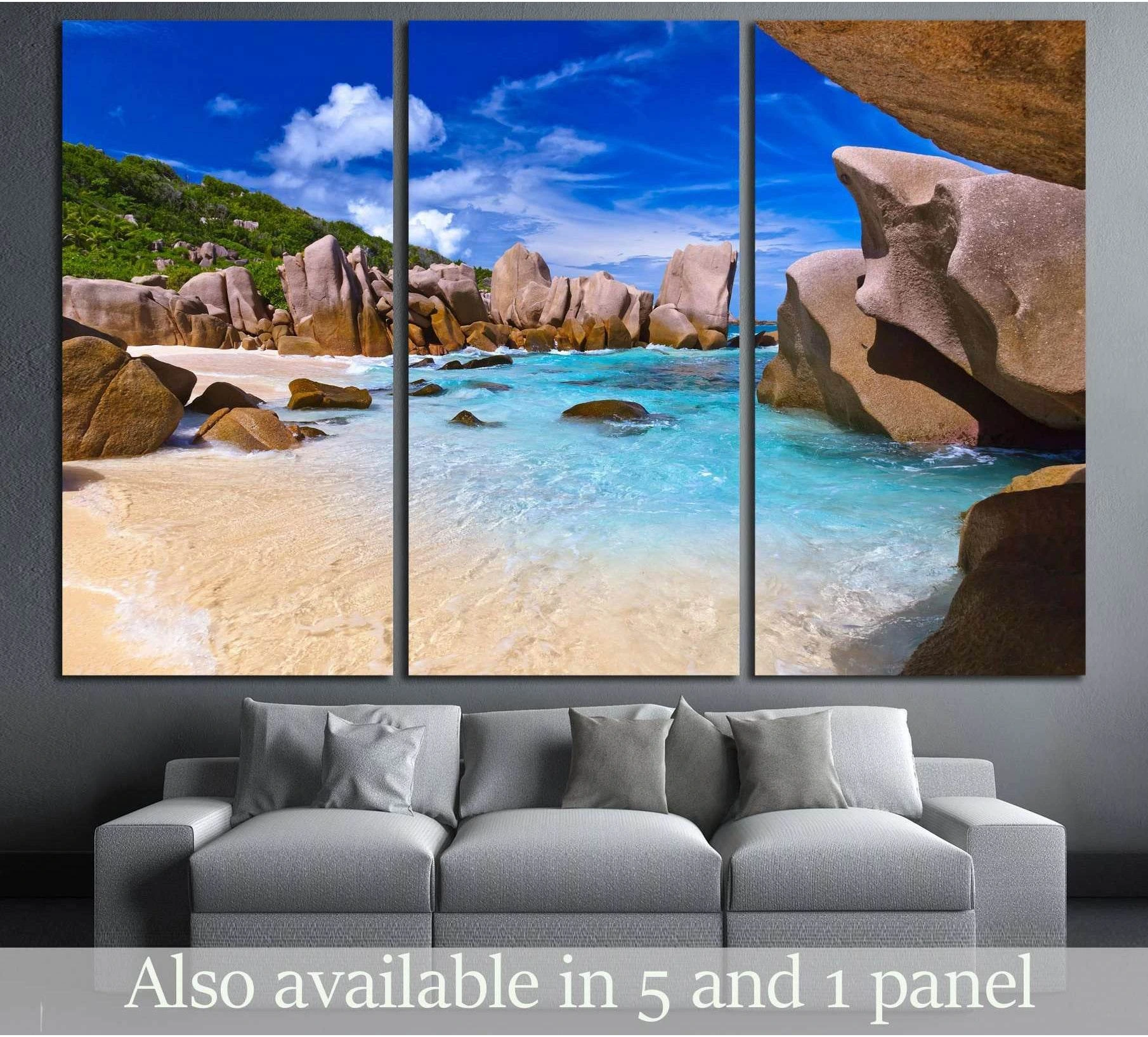 Tropical beach at Seychelles - nature background showing sea water, shoreline and horizon depth.