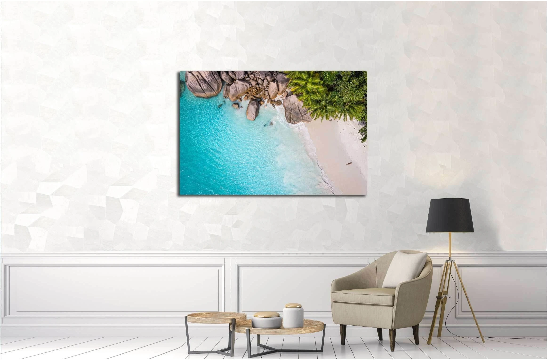 Tropical beach with sea and palm taken from drone. Seychelles famous shark beach №3113 Ready to Hang Canvas Print - Zellart Canvas Prints ALL_Products, s-3113