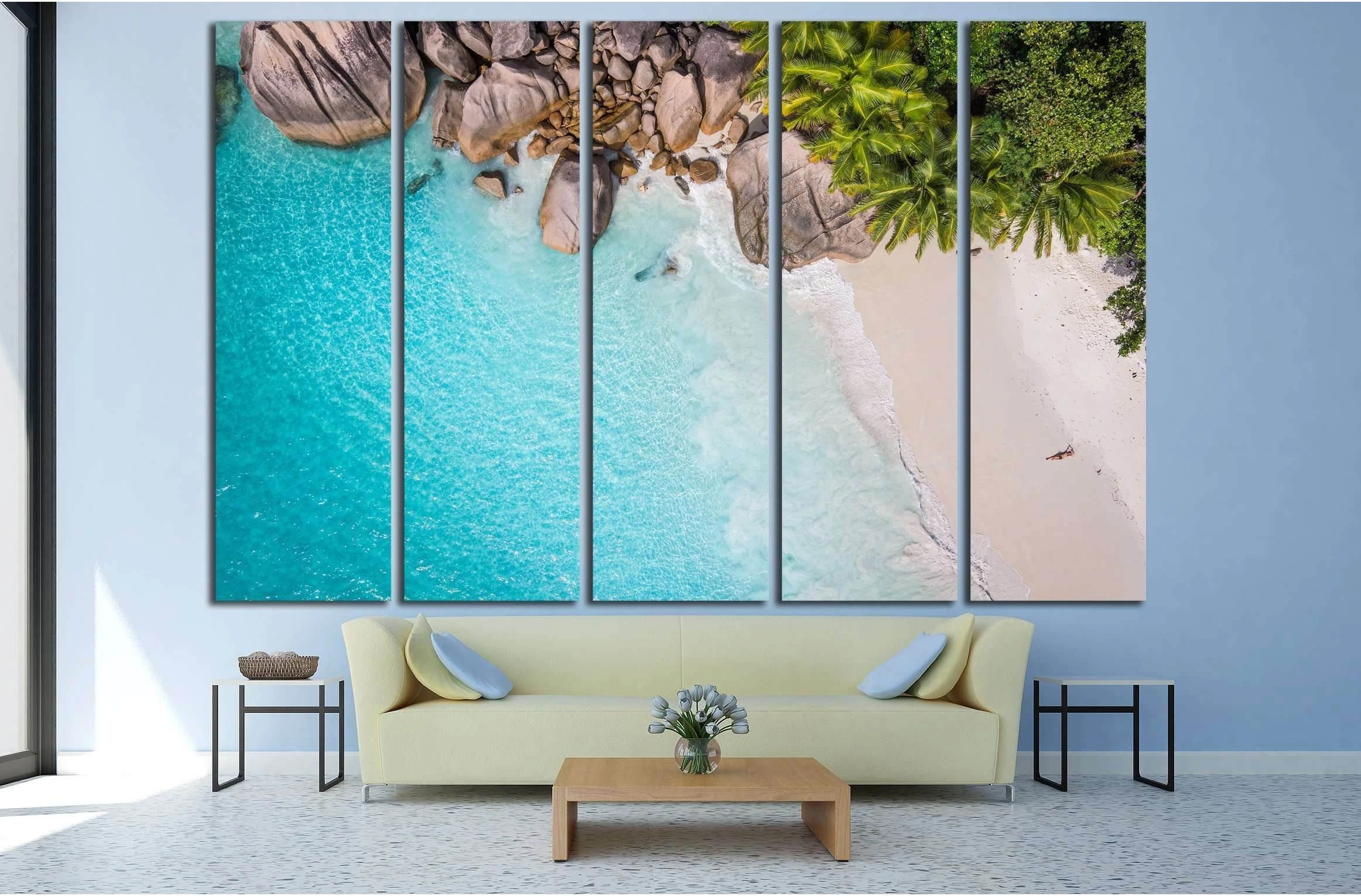 Tropical beach with sea and palm taken from drone. Seychelles famous shark beach №3113 Ready to Hang Canvas Print - Zellart Canvas Prints ALL_Products, s-3113
