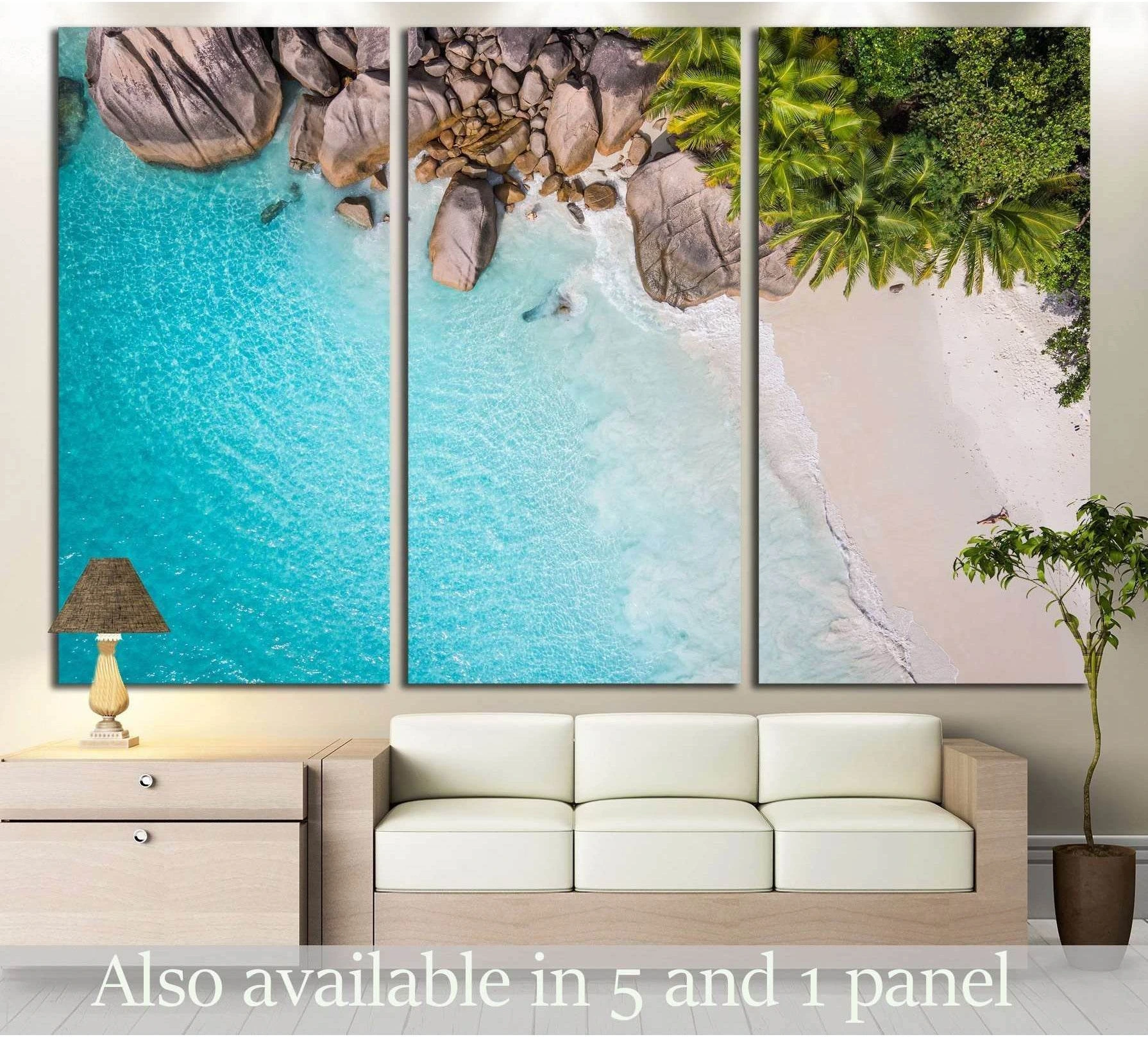 Tropical beach with sea and palm taken from drone. Seychelles famous shark beach showing sea water, shoreline and horizon depth.