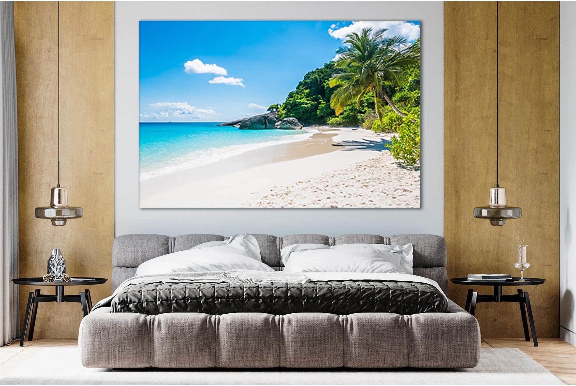 Tropical Beach With Palm Tree Canvas Print Wall Art showing sea water, shoreline and horizon depth.