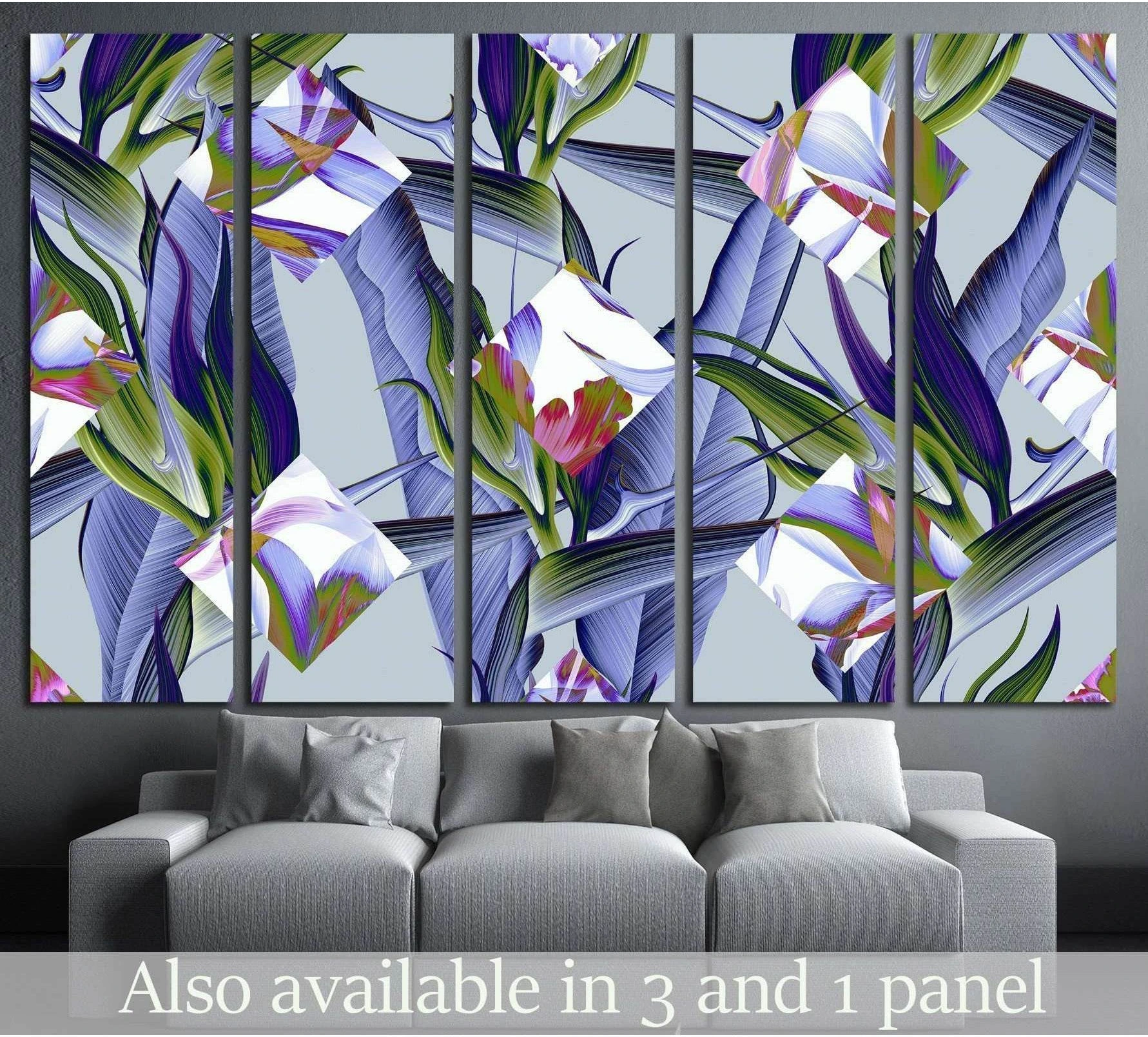 Tropical palm leaves and white flowers canvas print in purple and green tones above a gray sofa