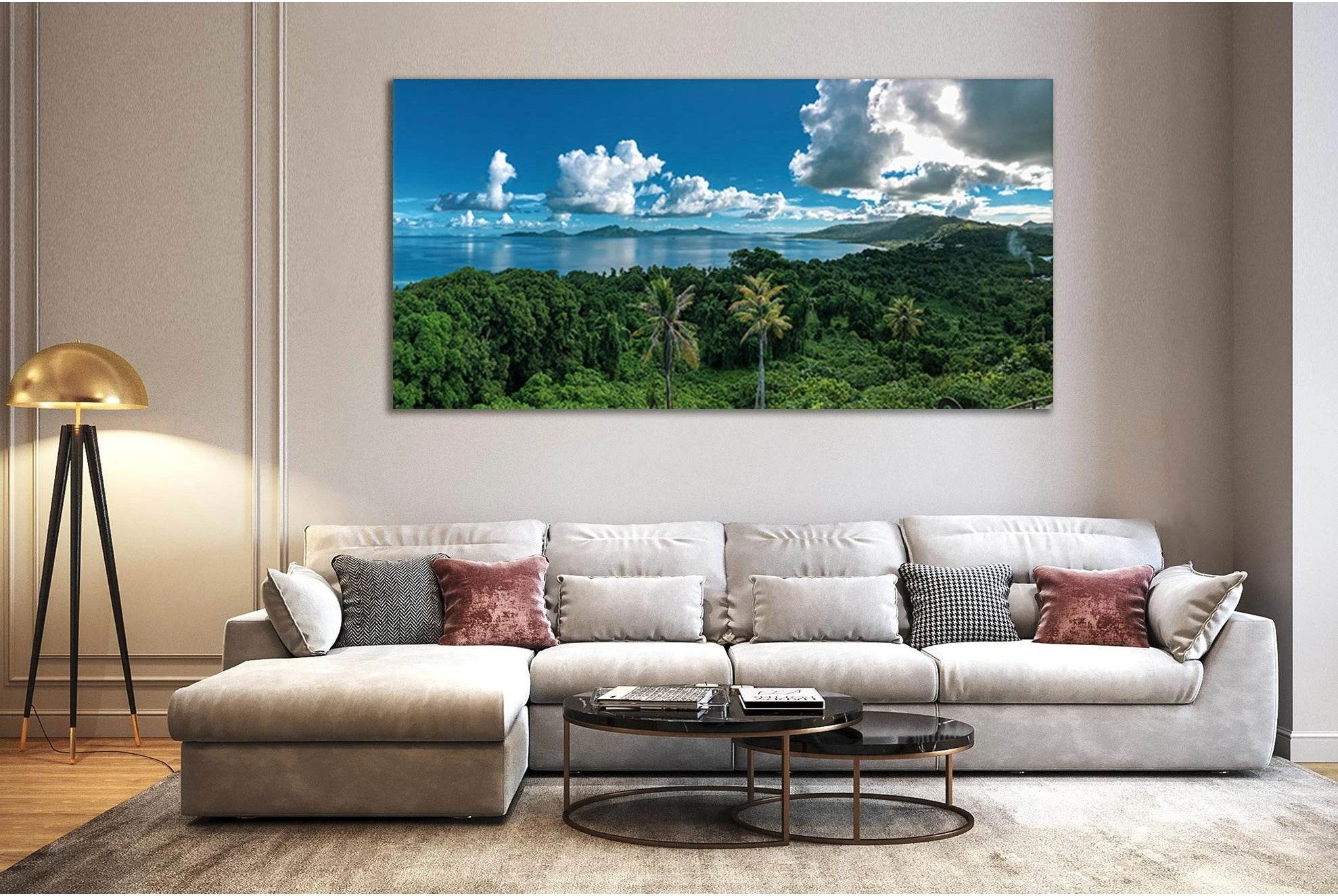 Tropical Island and Cloudy Sky Canvas Print or Wall Art showing sea water, shoreline and horizon depth.