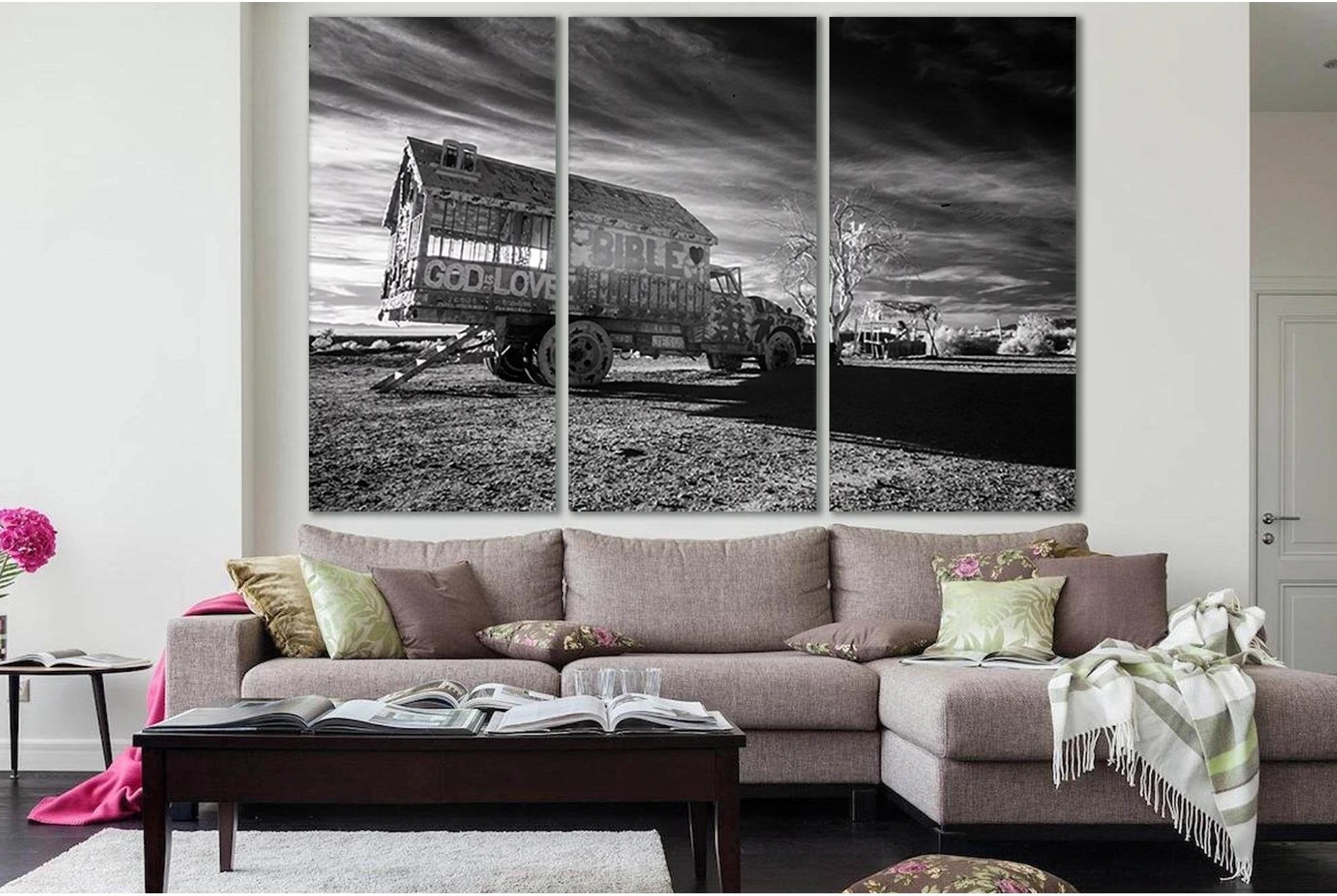 Truck With Inscription God Is Love №SL835 Ready to Hang Canvas Print - Zellart Canvas Prints 0new, ALL_Products, Black & White Wall Art