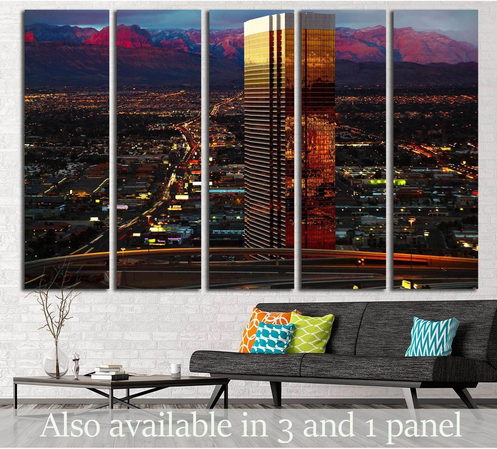 Trump Tower Las Vegas canvas print with gold mirrored tower above the city at dusk, displayed in a modern living room