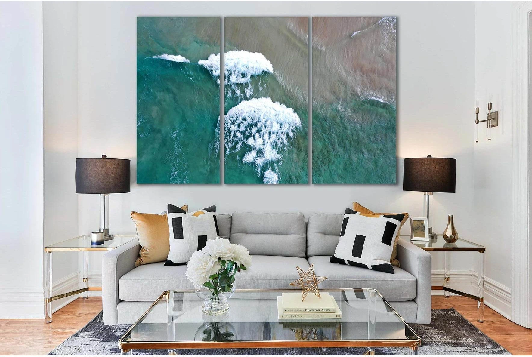 Turquoise Ocean Waves Canvas Print in Three Vertical Panels showing ocean water, wave movement and surf.