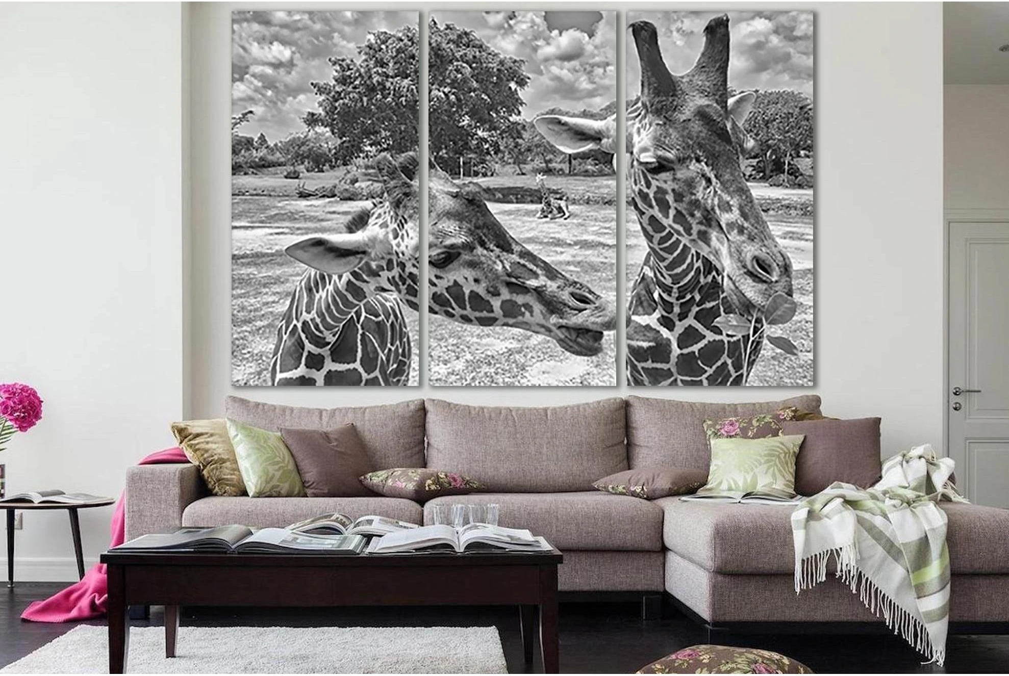 Two Beautiful Giraffes Black And White №SL882 Ready to Hang Canvas Print - Zellart Canvas Prints 0new, ALL_Products, Black & White Wall Art