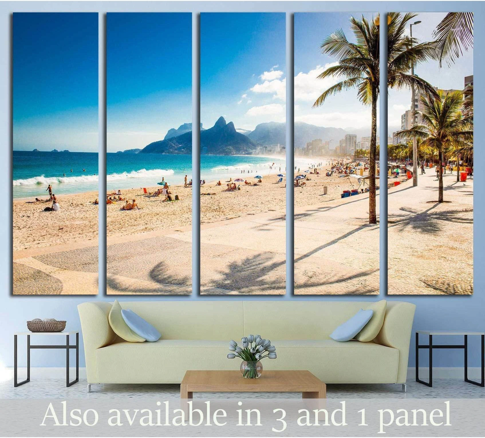 Ipanema Beach canvas print with Dois Irmãos mountains, palm trees, and turquoise sea in Rio de Janeiro