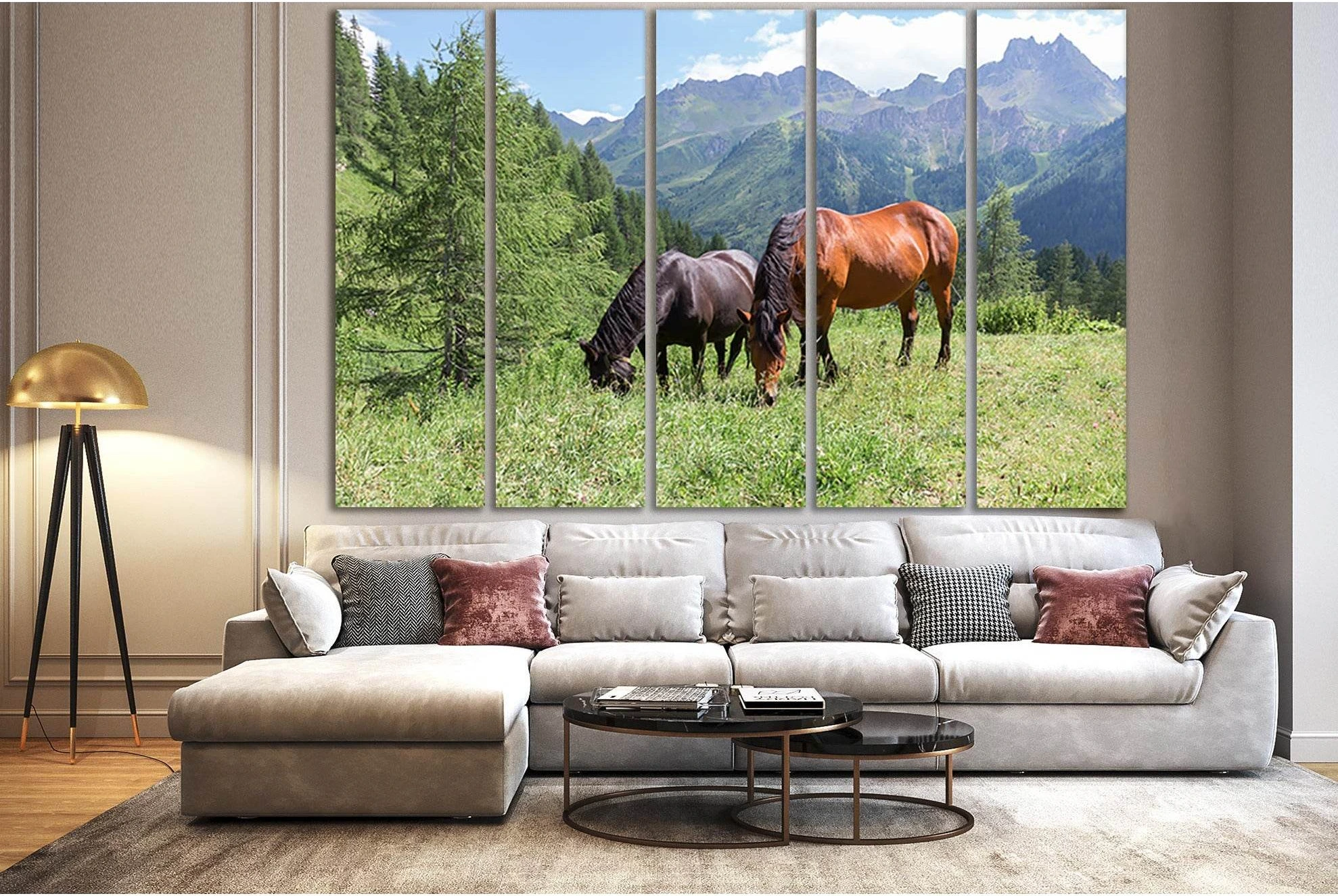 Two Horses Grazing In The Mountains №SL1025 Ready to Hang Canvas Print - Zellart Canvas Prints 0new, ALL_Products, Animals & Wildlife, Horses