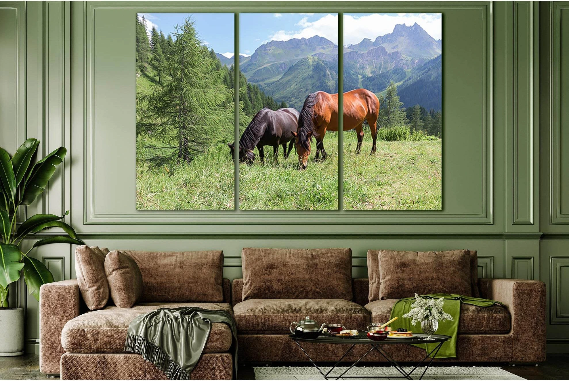 Two Horses Grazing In The Mountains №SL1025 Ready to Hang Canvas Print - Zellart Canvas Prints 0new, ALL_Products, Animals & Wildlife, Horses