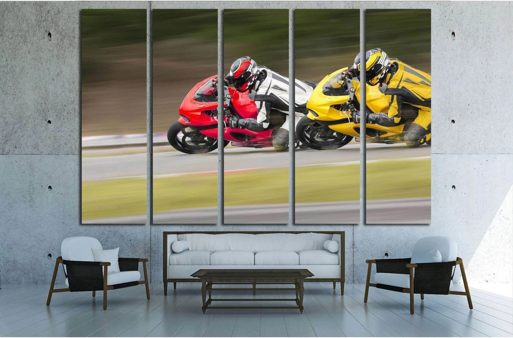 Two Motorcycles practice leaning into a fast corner on track №1867 Ready to Hang Canvas Print - Zellart Canvas Prints ALL_Products, s-1867