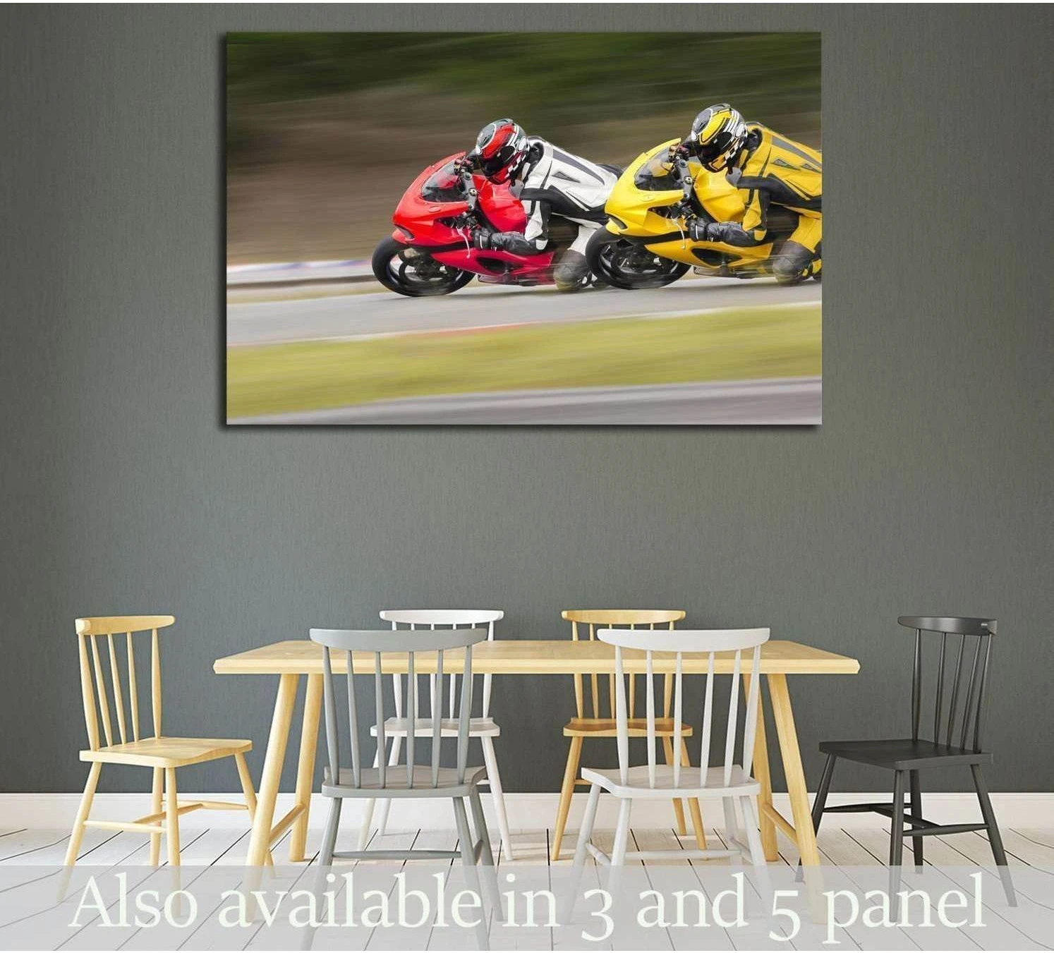 Two sport motorcycles leaning into a racetrack corner canvas print above a dining table