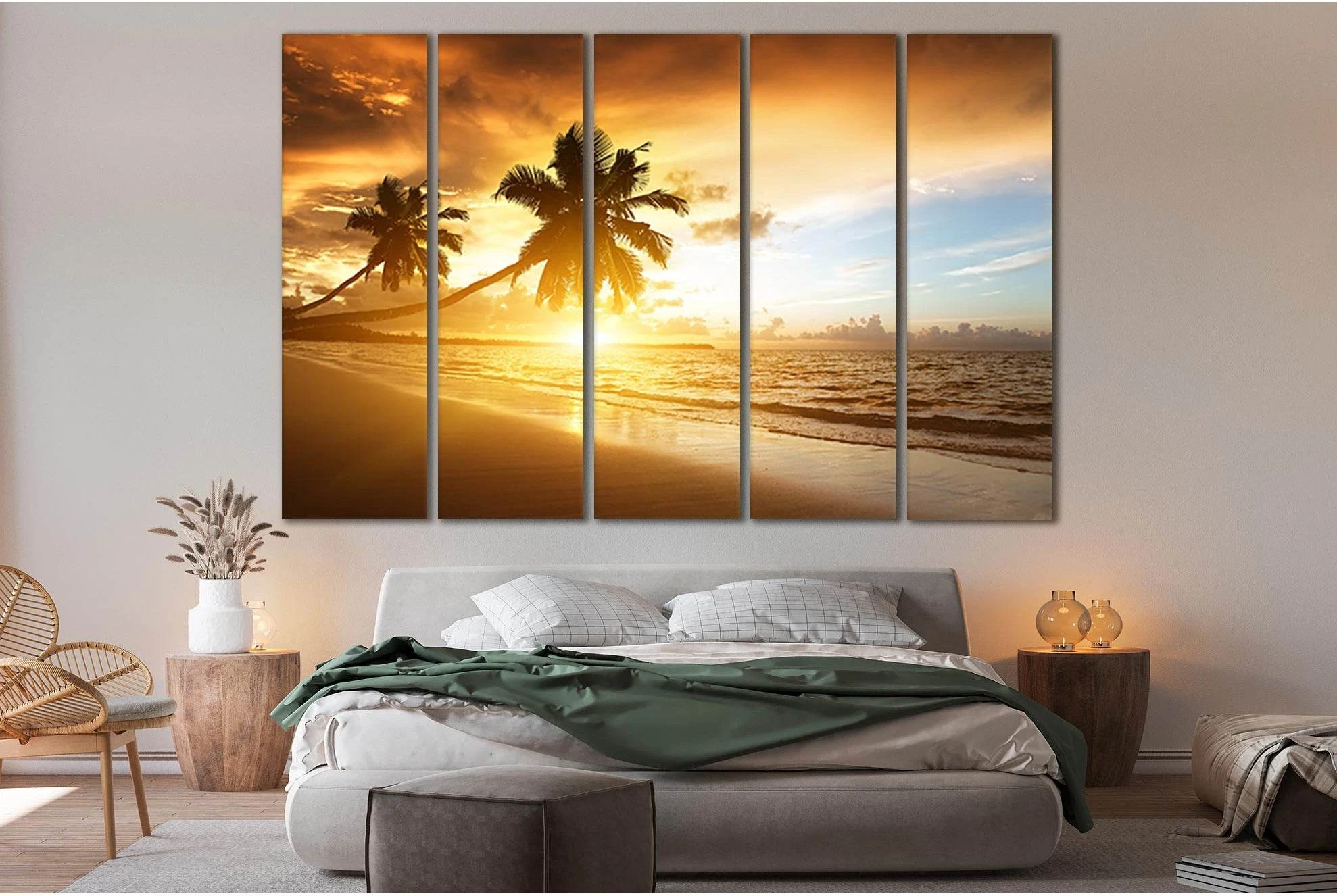 Sunset Seascape With Palm Silhouettes Canvas Print showing sea water, shoreline and horizon depth.