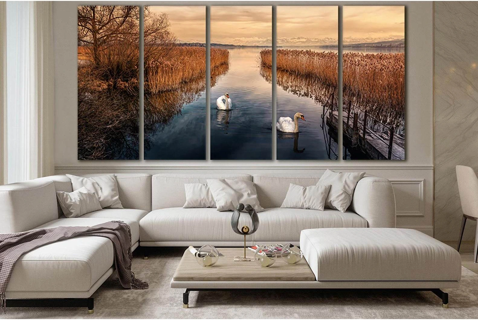 Two Swans In Autumn №SL638 Ready to Hang Canvas Print - Zellart Canvas Prints 0new, ALL_Products, Autumn Wall Art