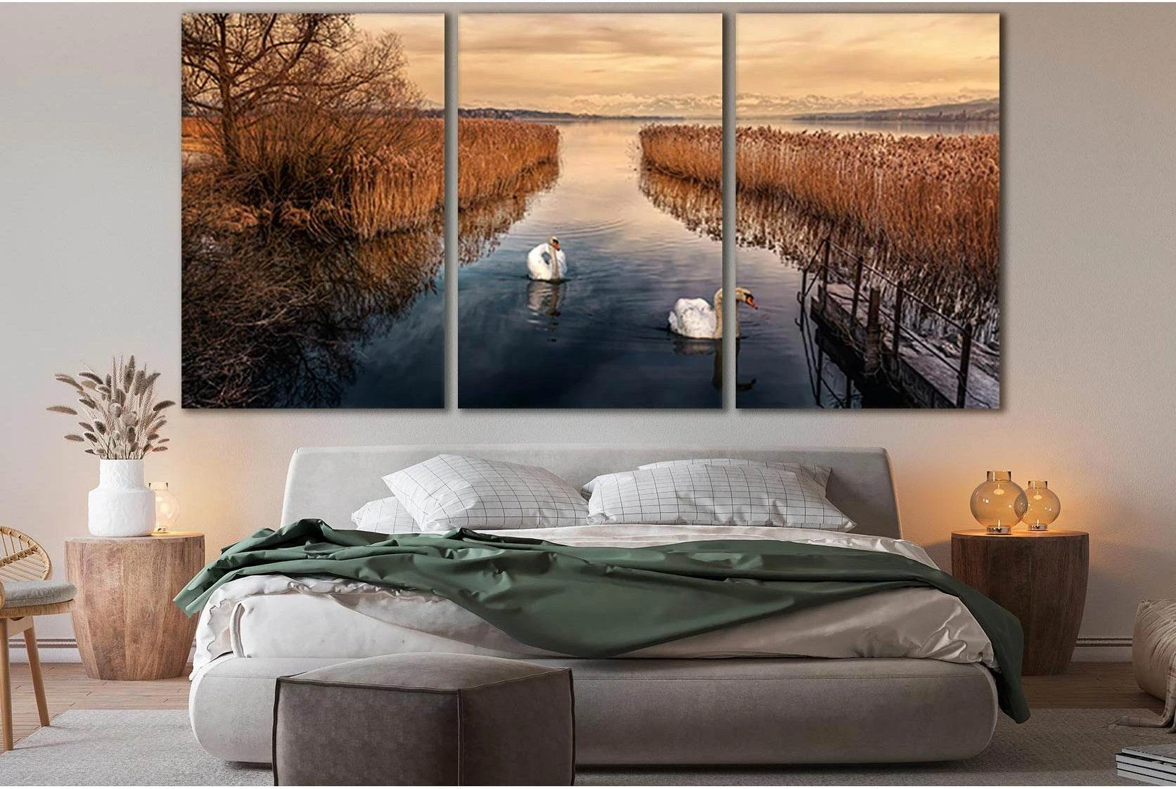 Two Swans In Autumn №SL638 Ready to Hang Canvas Print - Zellart Canvas Prints 0new, ALL_Products, Autumn Wall Art