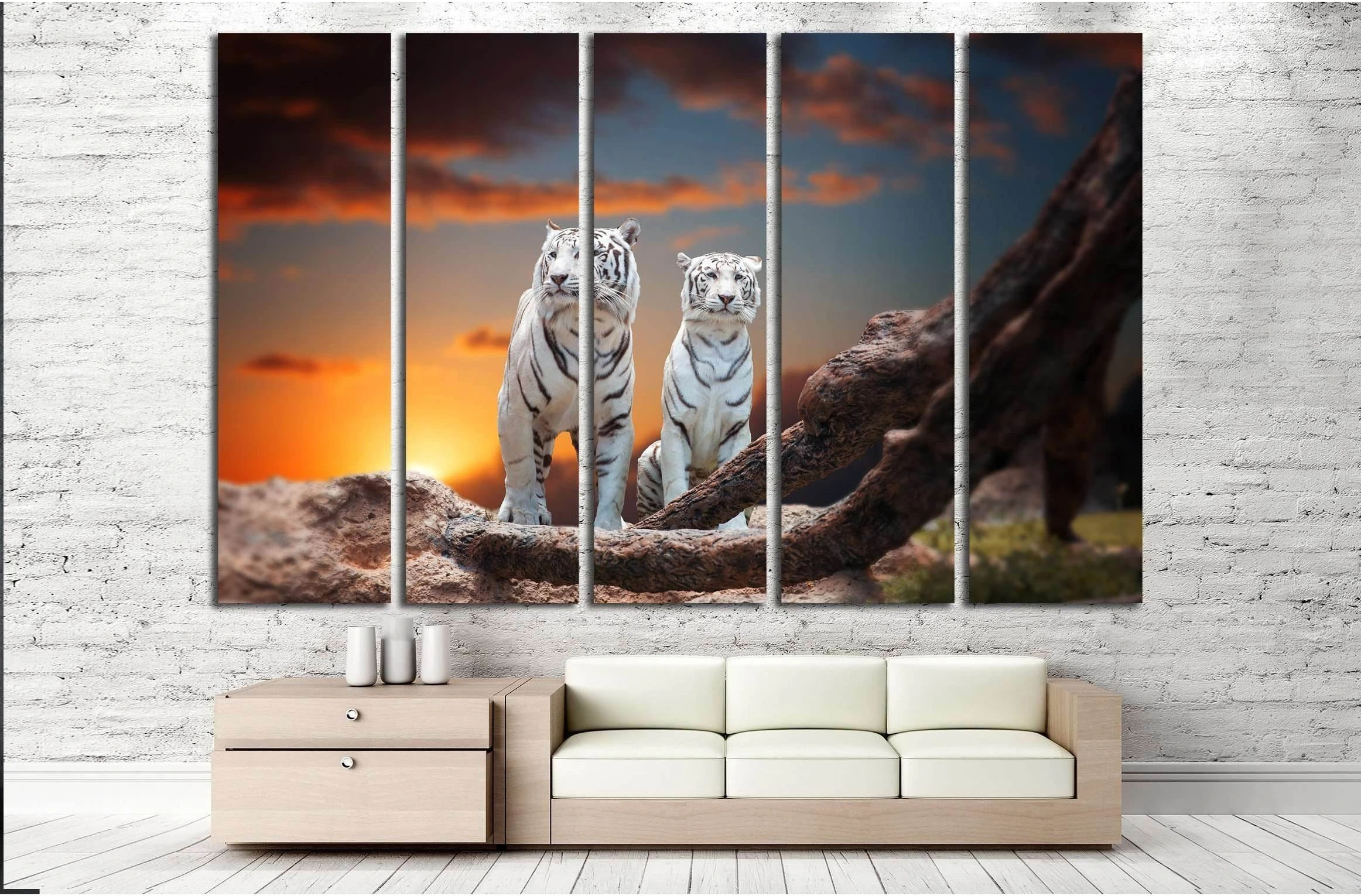 two white tiger sitting on a rock and watching the sunset №2362 Ready to Hang Canvas Print - Zellart Canvas Prints ALL_Products, s-2362, Tiger