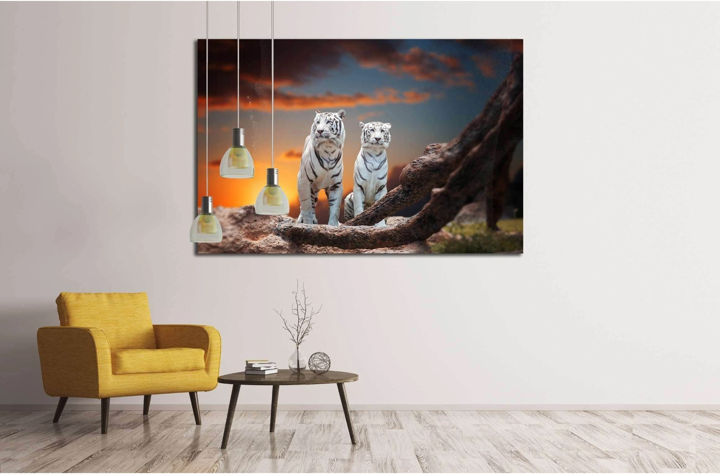 two white tiger sitting on a rock and watching the sunset №2362 Ready to Hang Canvas Print - Zellart Canvas Prints ALL_Products, s-2362, Tiger