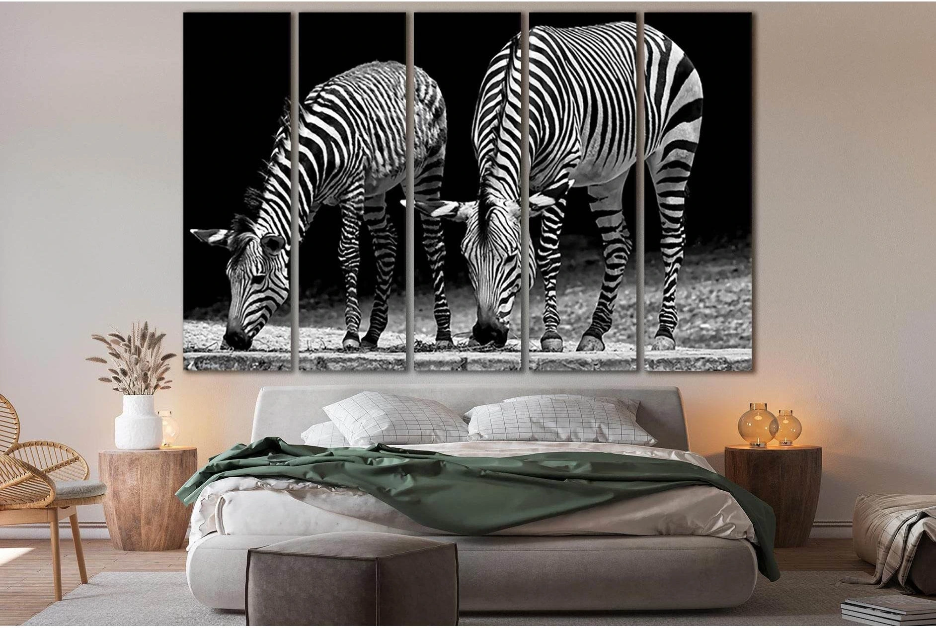 Two Zebras Black And White №SL878 Ready to Hang Canvas Print - Zellart Canvas Prints 0new, ALL_Products, Black & White Wall Art