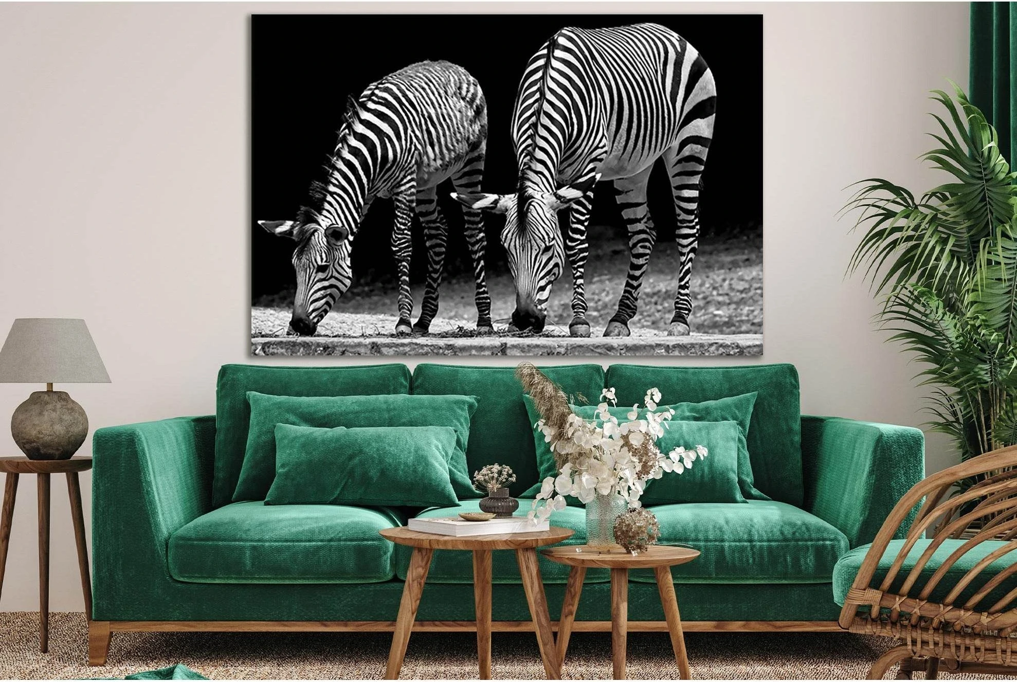 Two Zebras Black And White №SL878 Ready to Hang Canvas Print - Zellart Canvas Prints 0new, ALL_Products, Black & White Wall Art