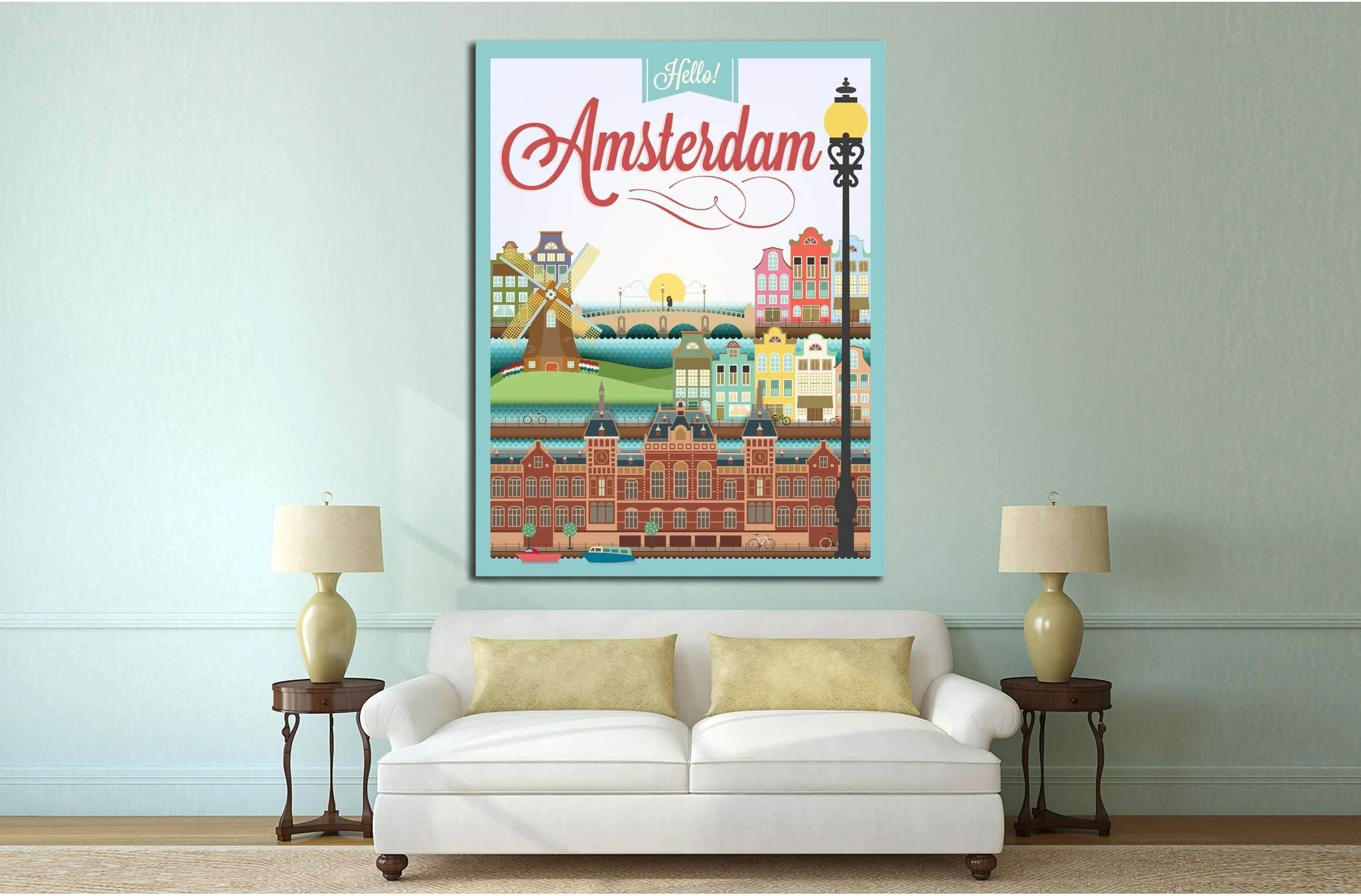 Typographical Retro Style canvas With Amsterdam Symbols And Landmarks №4565 Ready to Hang Canvas Print - Zellart Canvas Prints ALL_Products, s-4565